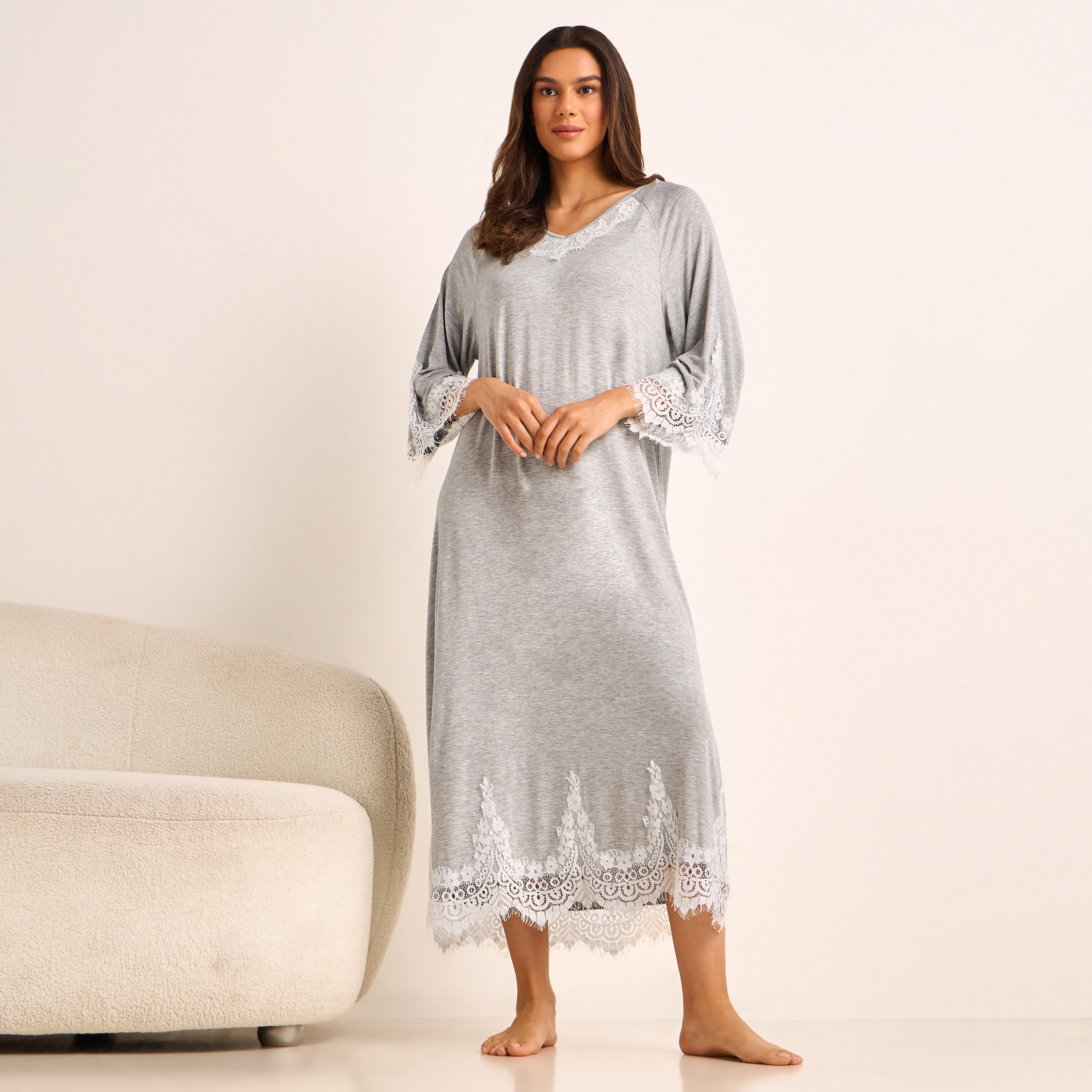 Night Gown Long Sleeve Lace Trim-women-clothing-nightwear-nighties-image-1