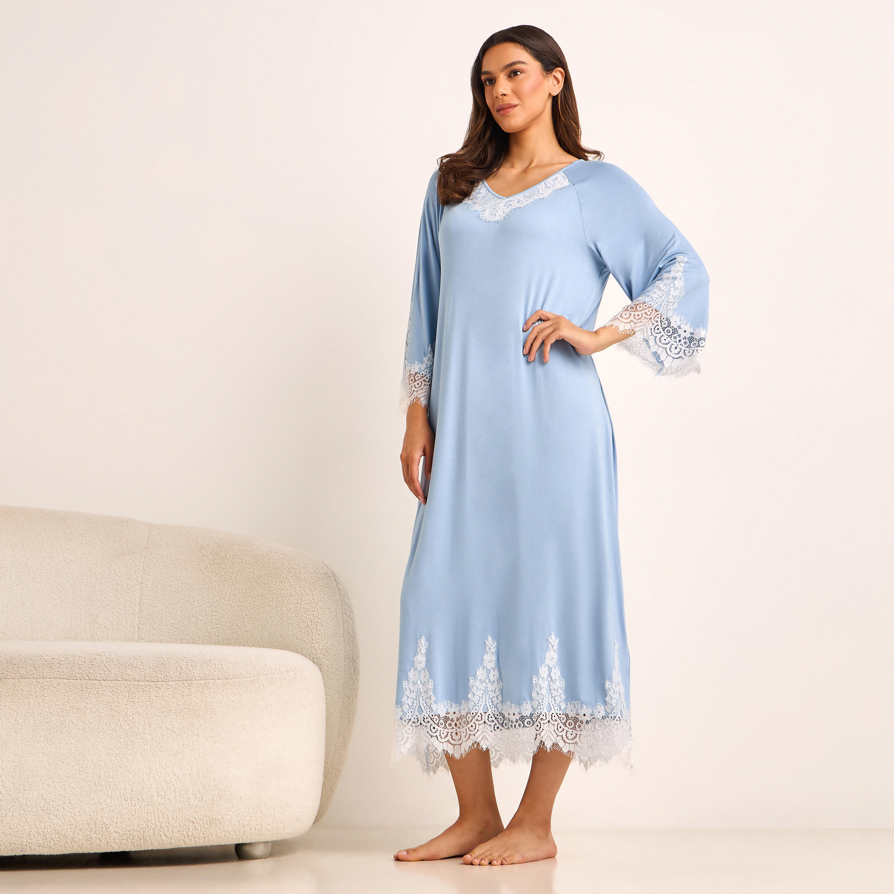 Night Gown Long Sleeve Lace Trim-women-clothing-nightwear-nighties-image-1