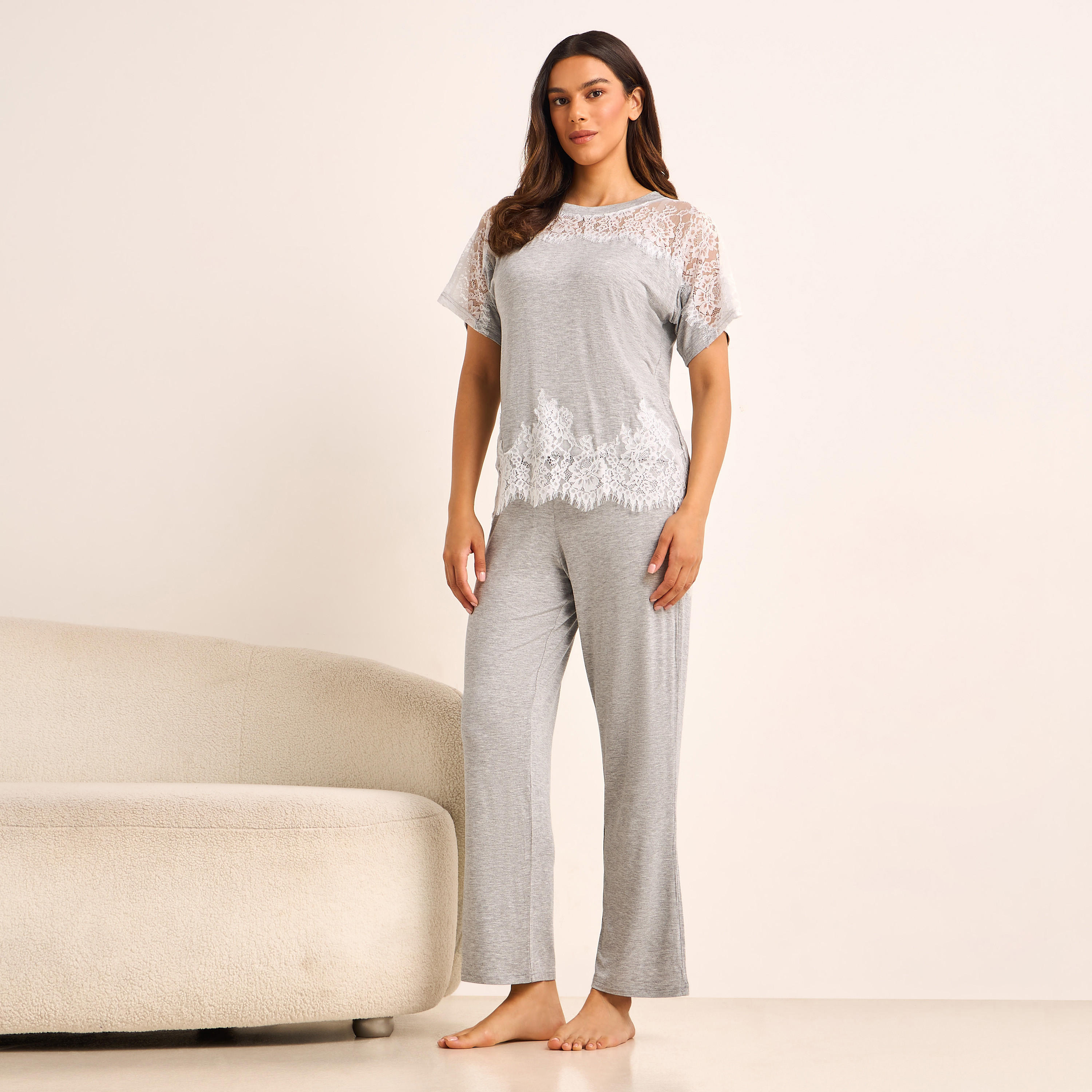 Pyjama Set Lace Panel Top & Trousers-women-clothing-nightwear-pyjamas-longsets-image-1