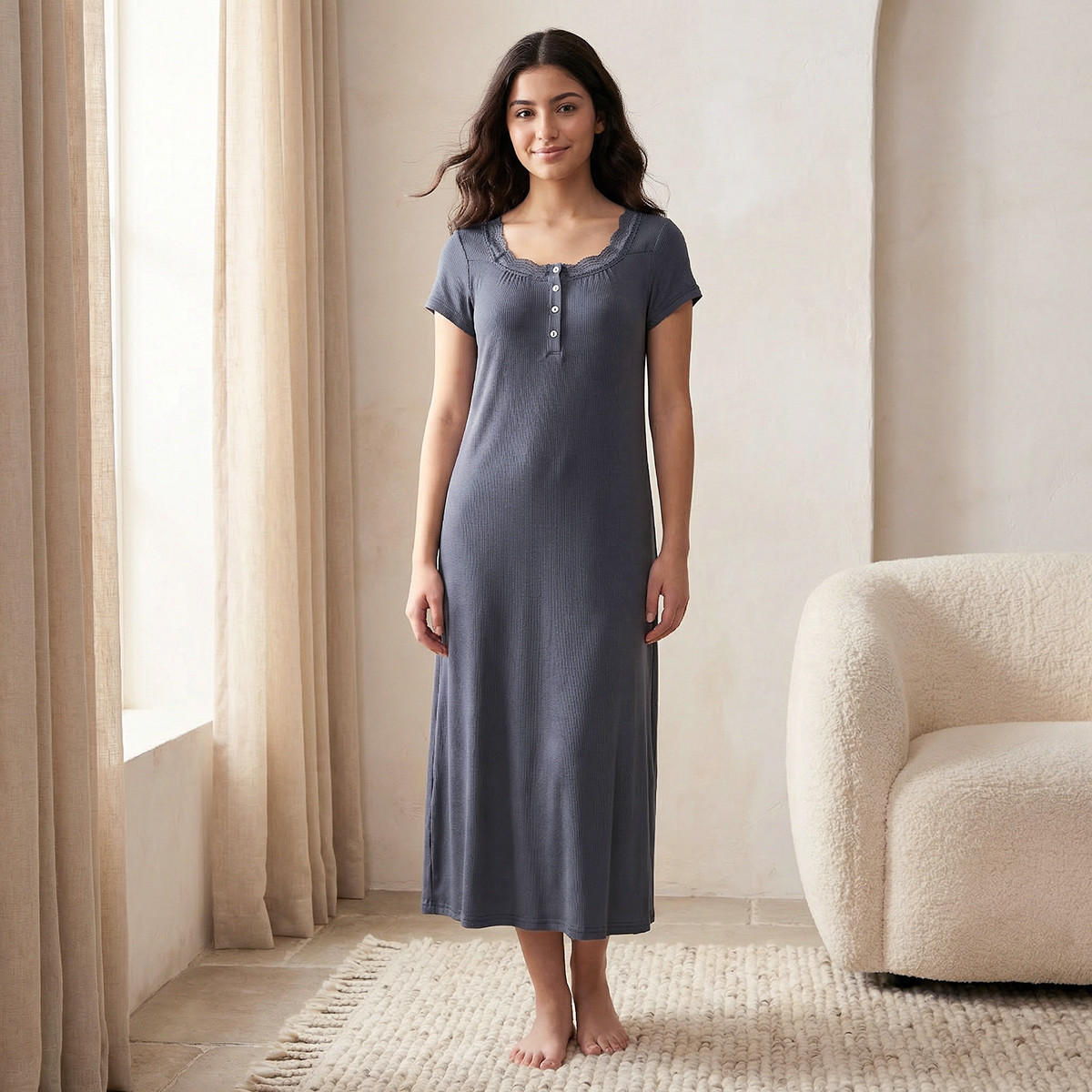 Night Gown Short Sleeve Textured-women-clothing-nightwear-nighties-image-1