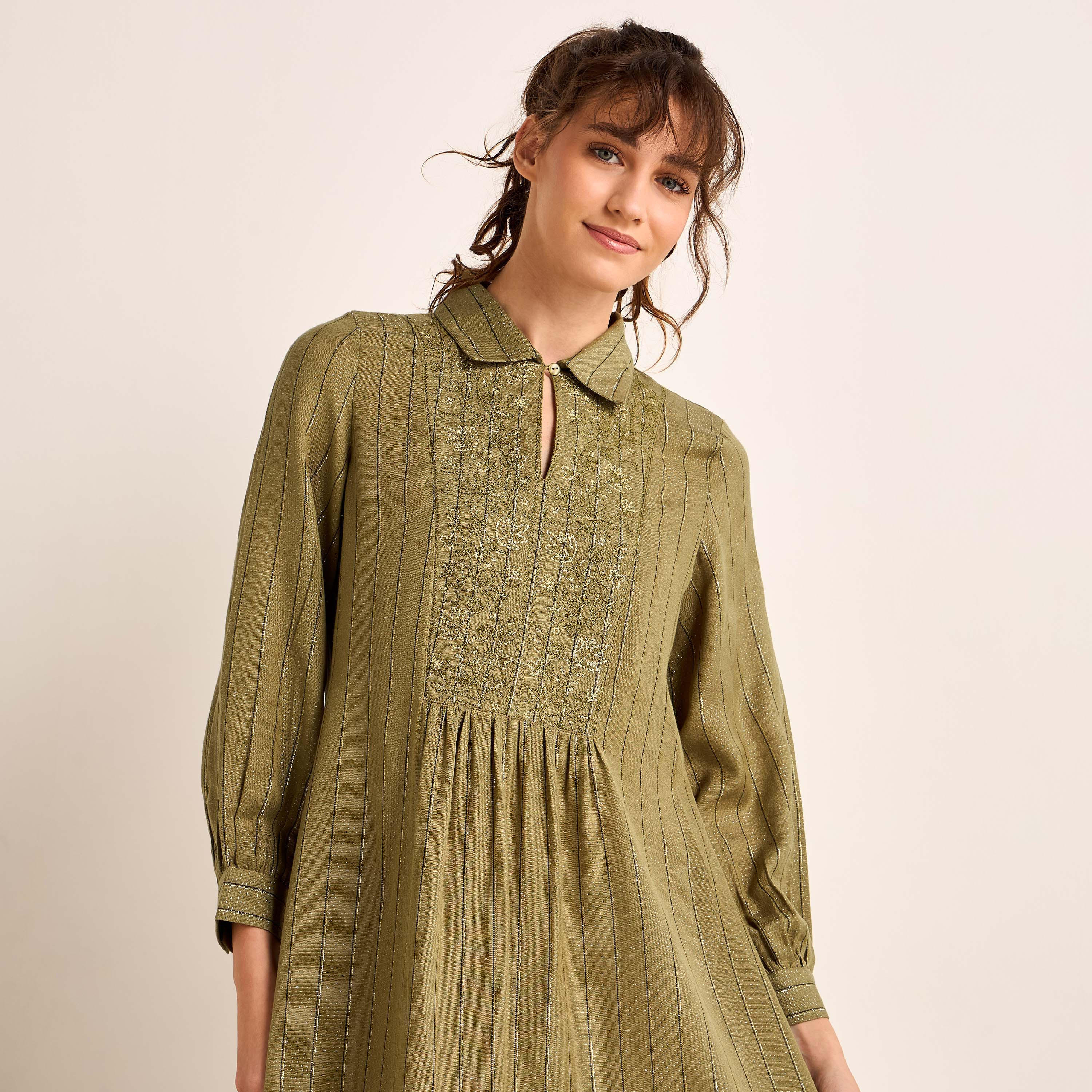 Midi Night Dress Long Sleeves Lurex Stripe Linen Blend-women-clothing-nightwear-nighties-image-5