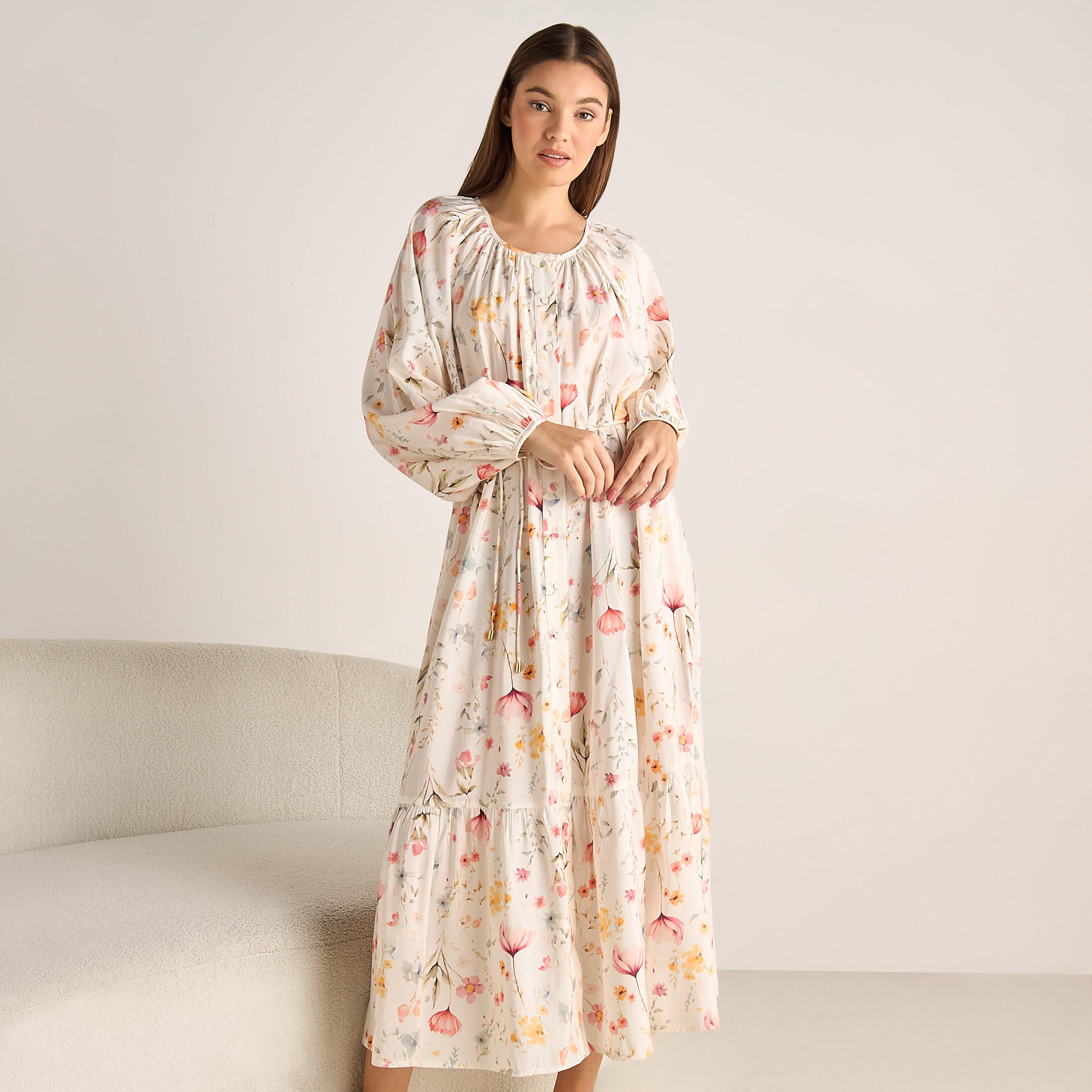 Night Dress Long Sleeves Rope Tie-Up Belt-women-clothing-nightwear-nighties-image-1