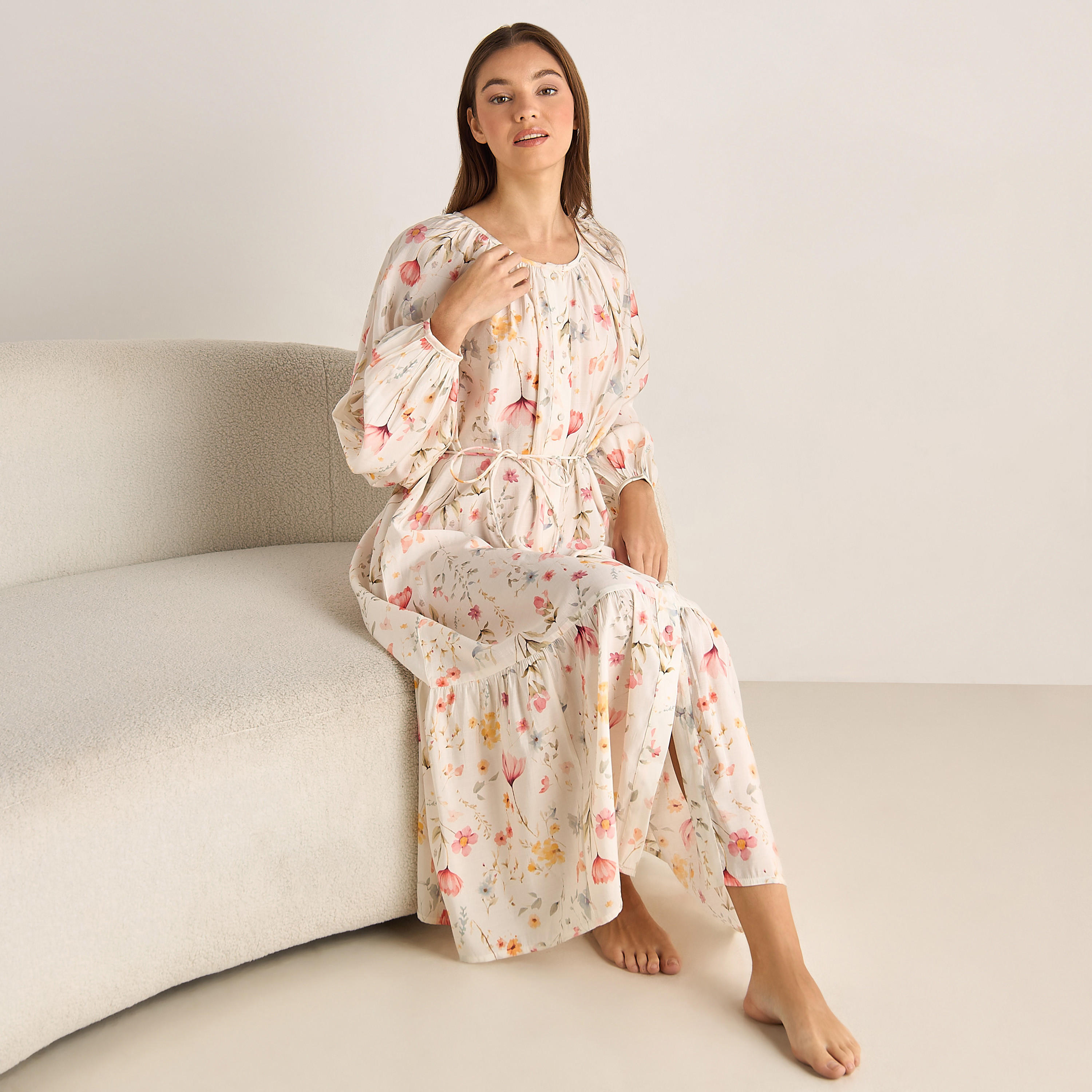 Night Dress Long Sleeves Rope Tie-Up Belt-women-clothing-nightwear-nighties-image-2