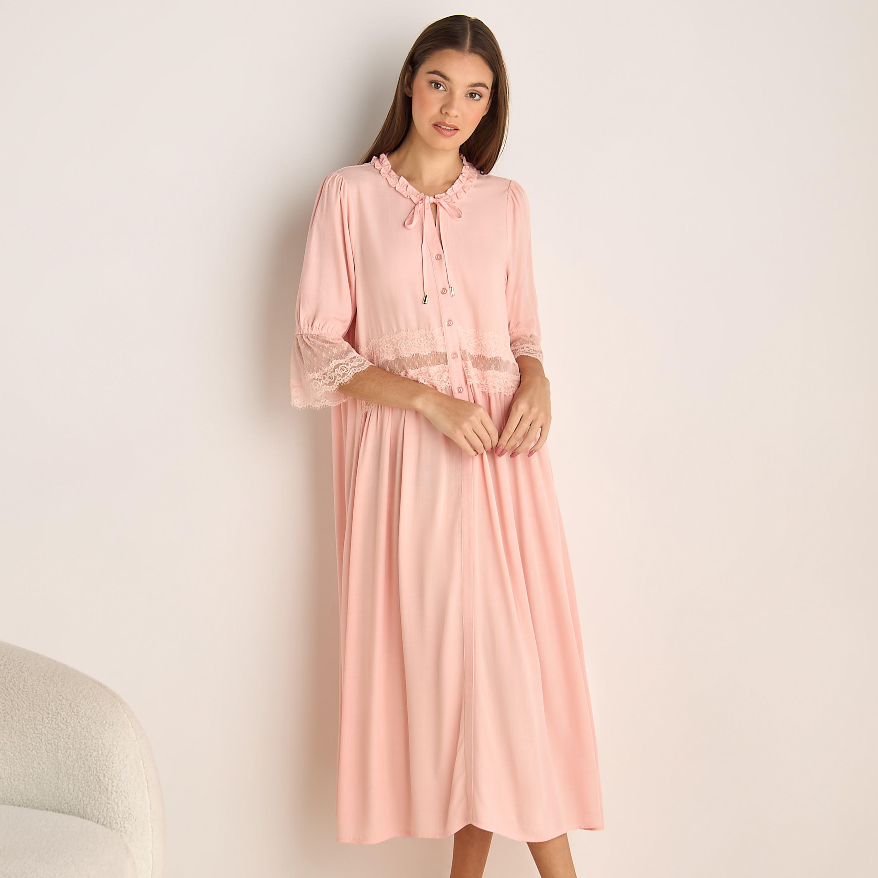 Night Dress with 3/4 Sleeves and Lace Trim-women-clothing-nightwear-nighties-image-1