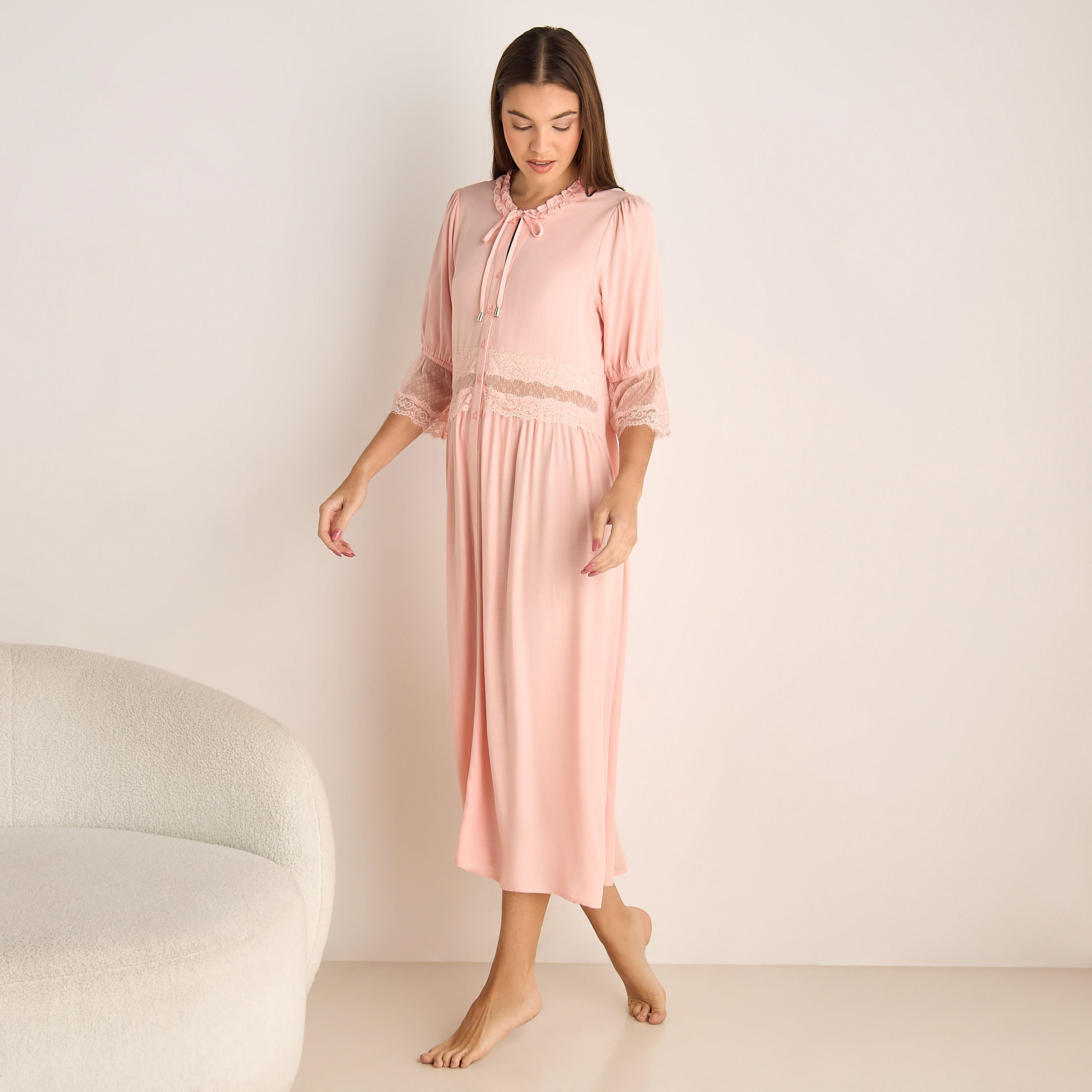 Night Dress with 3/4 Sleeves and Lace Trim-women-clothing-nightwear-nighties-image-2