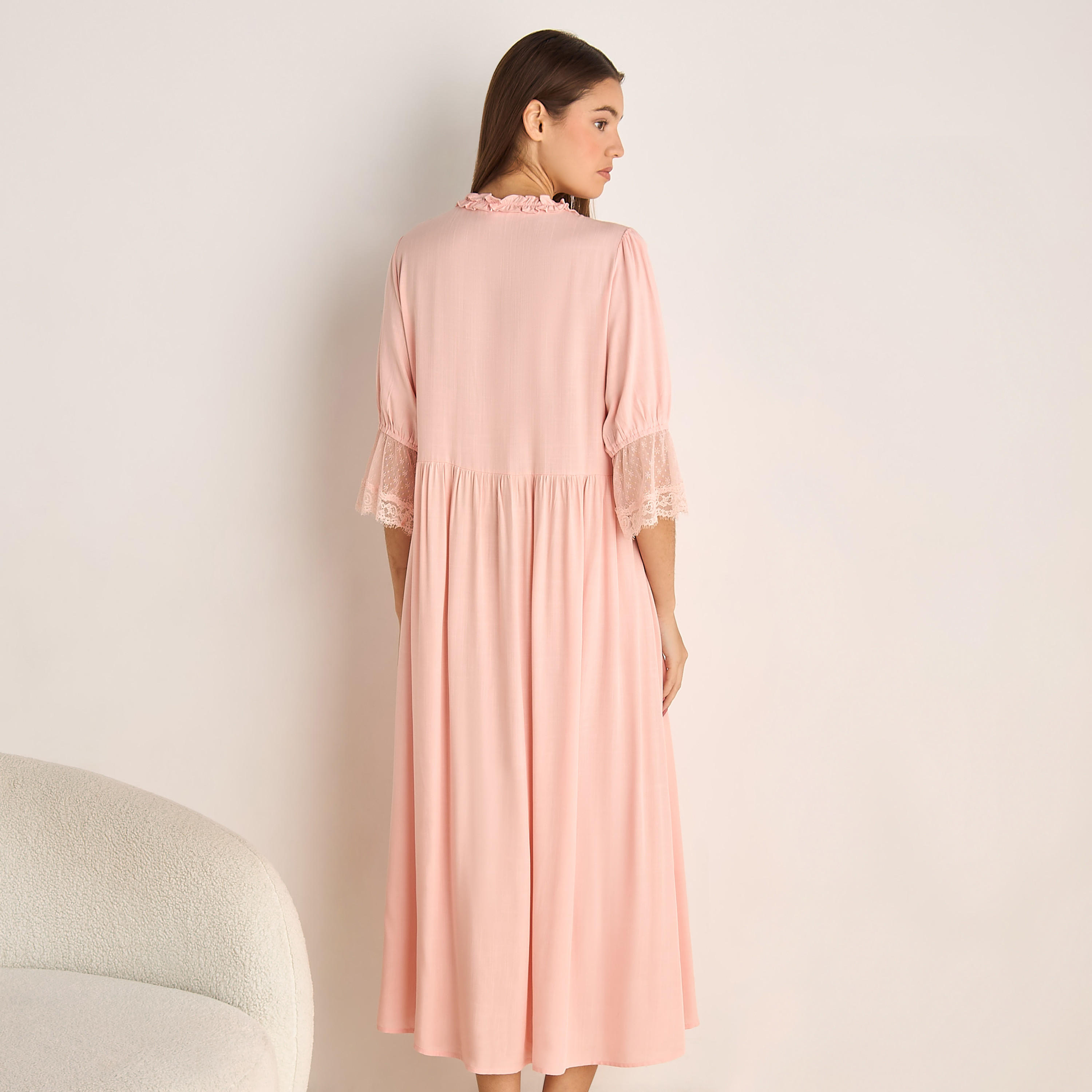 Night Dress with 3/4 Sleeves and Lace Trim-women-clothing-nightwear-nighties-image-3