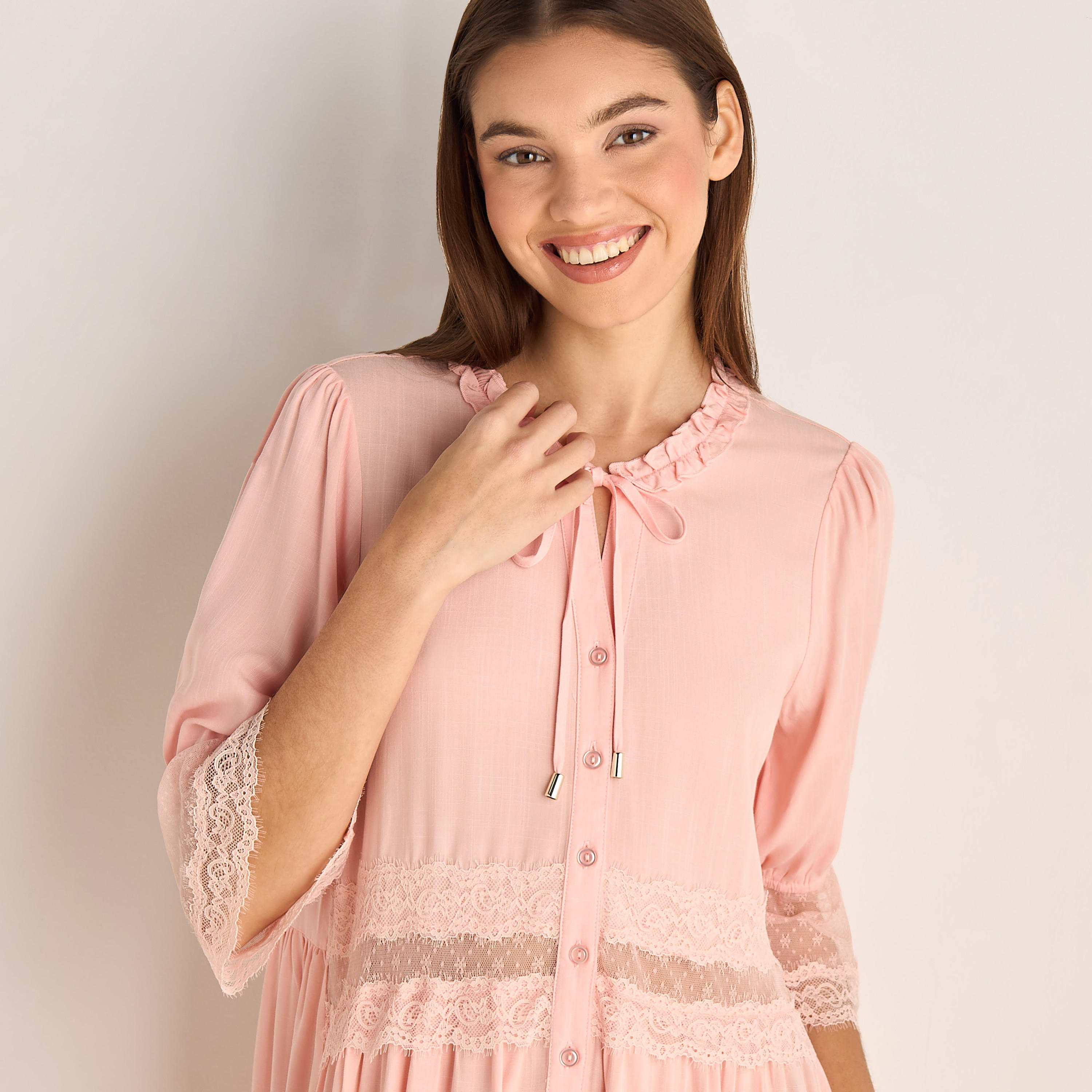 Night Dress with 3/4 Sleeves and Lace Trim-women-clothing-nightwear-nighties-image-4