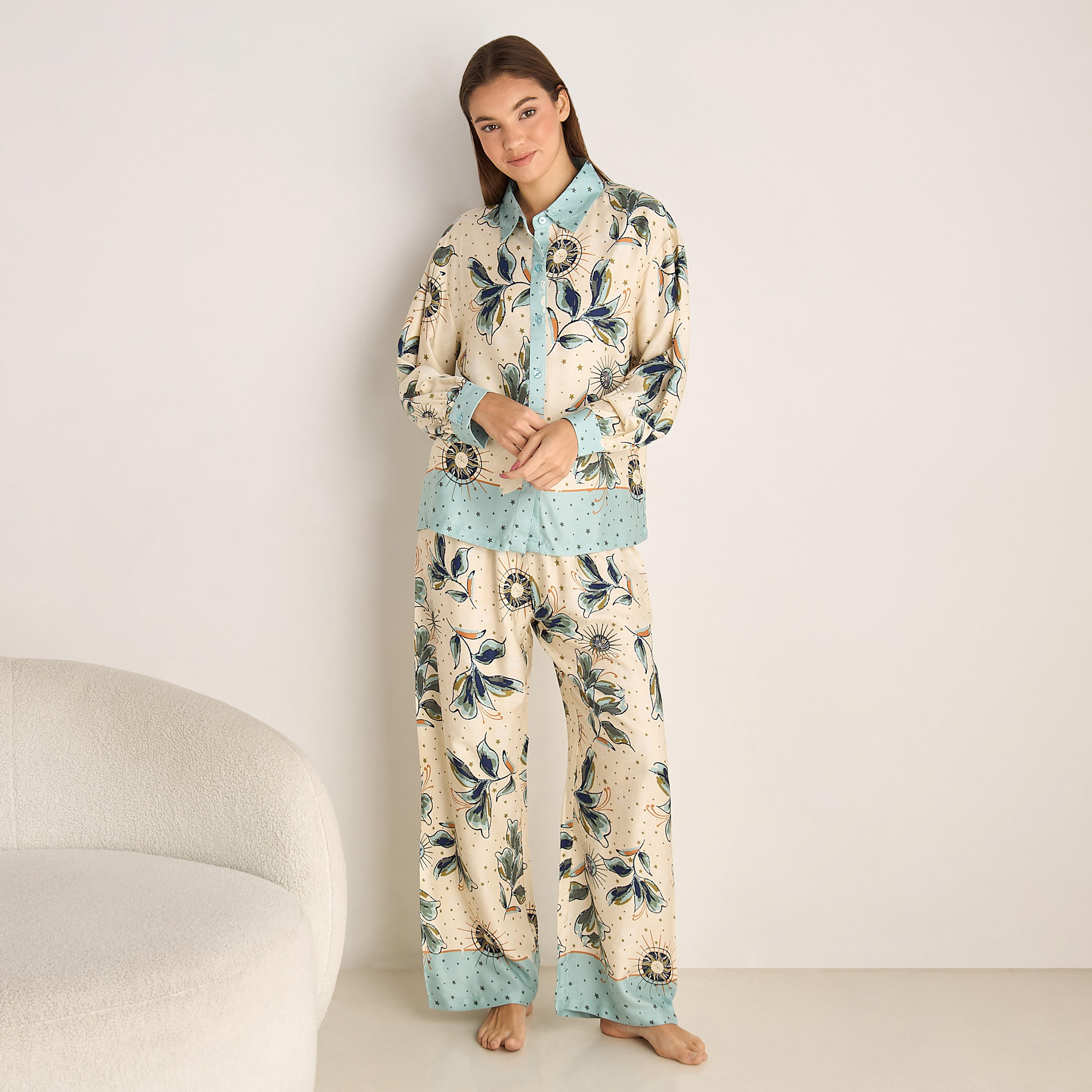 طقم بيجامة فيسكوز قميص وبنطلون-women-clothing-nightwear-pyjamas-longsets-image-1