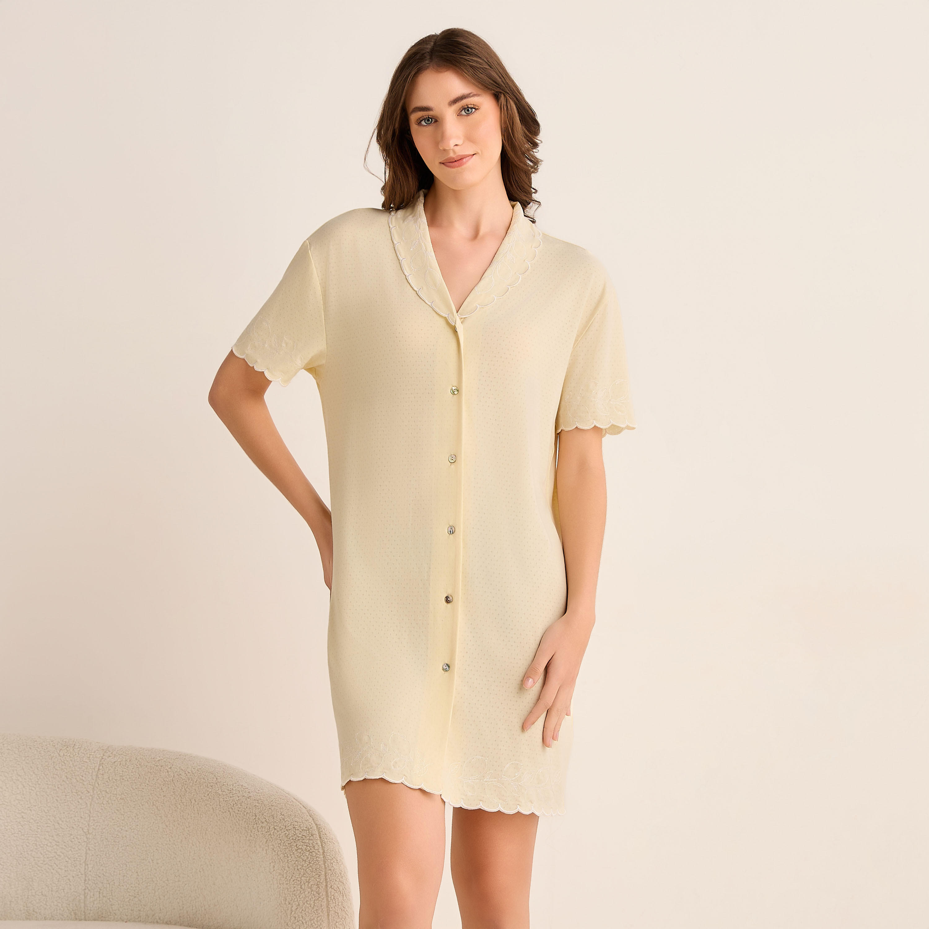 Knee Length Night Dress Short Sleeves with Scallop Trim-women-clothing-nightwear-nighties-image-1