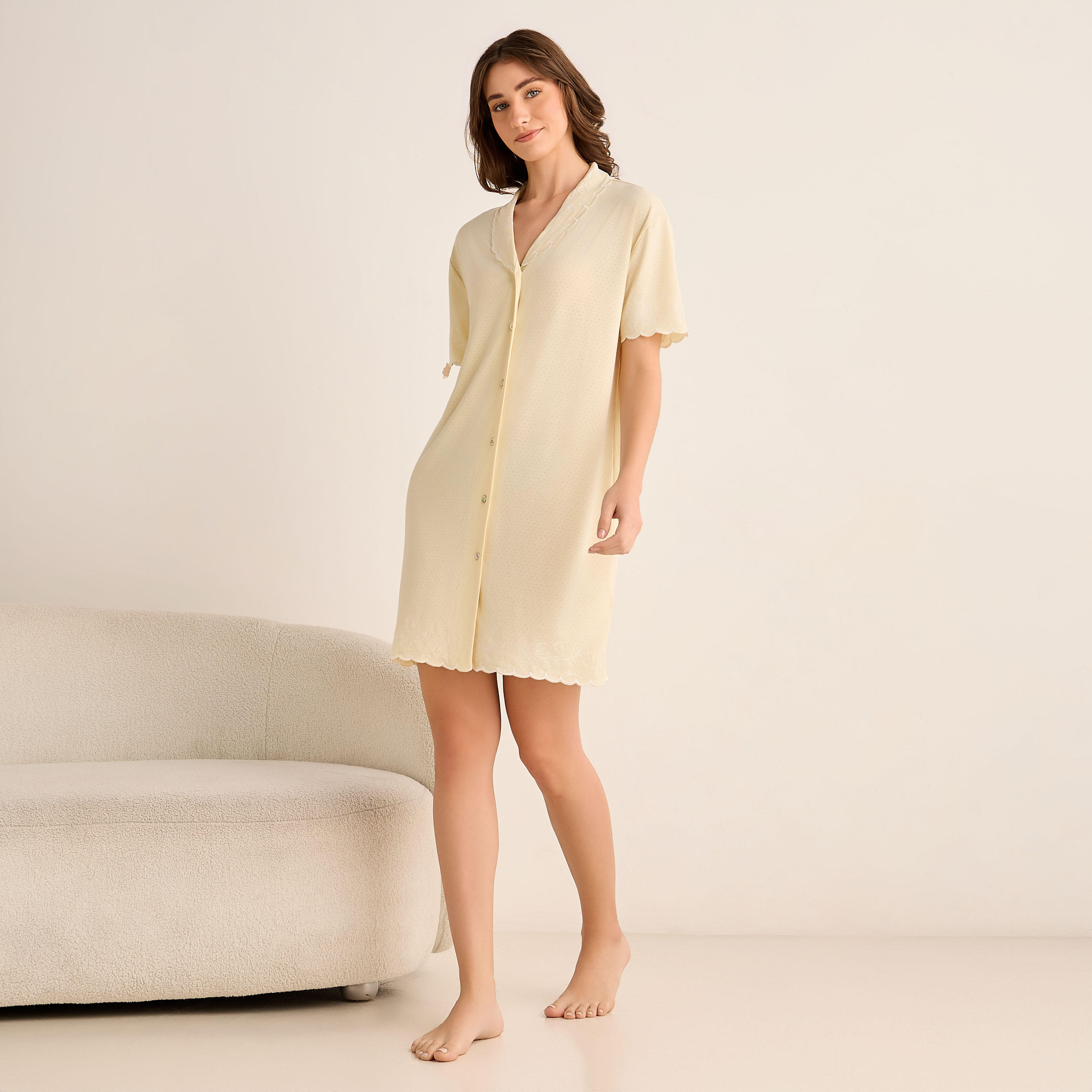 Knee Length Night Dress Short Sleeves with Scallop Trim-women-clothing-nightwear-nighties-image-2