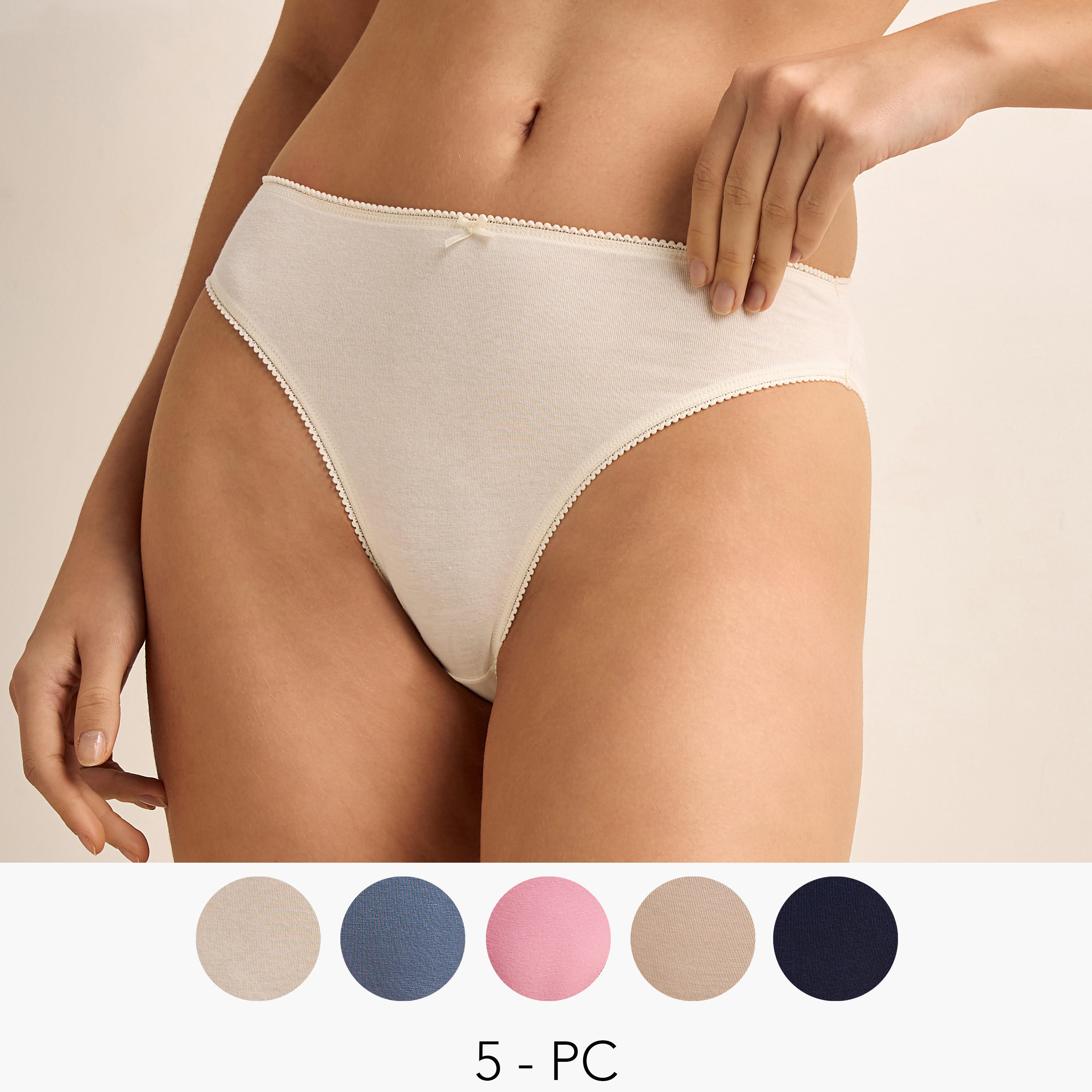 طقم من 5 - سراويل داخلية بيكيني بخصر متوسط وتفاصيل فيونكة-women-clothing-lingerie-panties-image-1