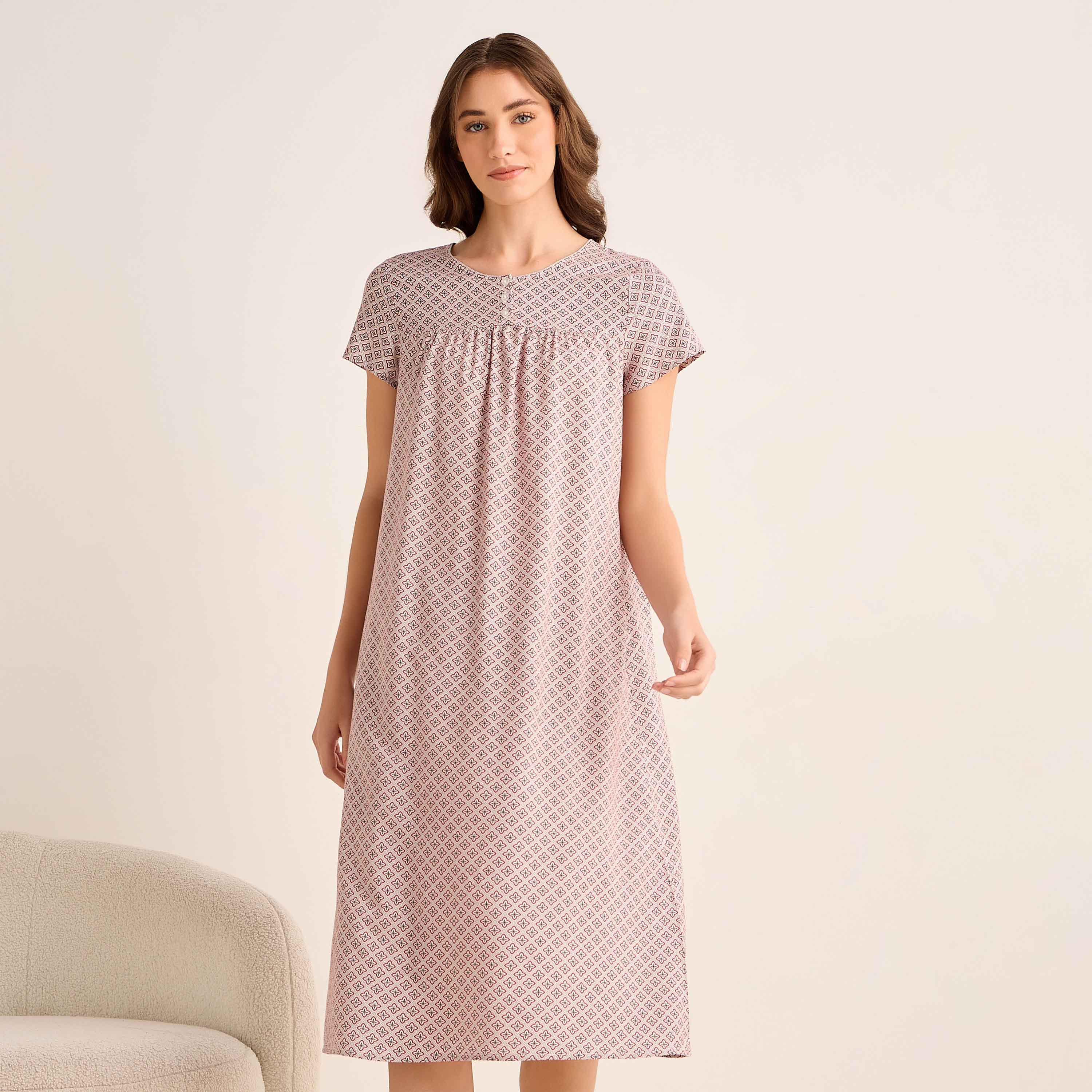 فستان نوم ميدي فيسكوز بأكمام قصيرة وبطبعات زهور-women-clothing-nightwear-nighties-image-2