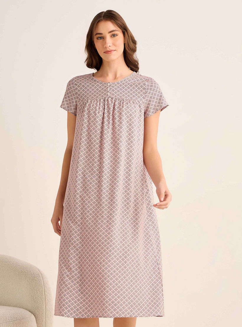 فستان نوم ميدي فيسكوز بأكمام قصيرة وبطبعات زهور-women-clothing-nightwear-nighties-image-2