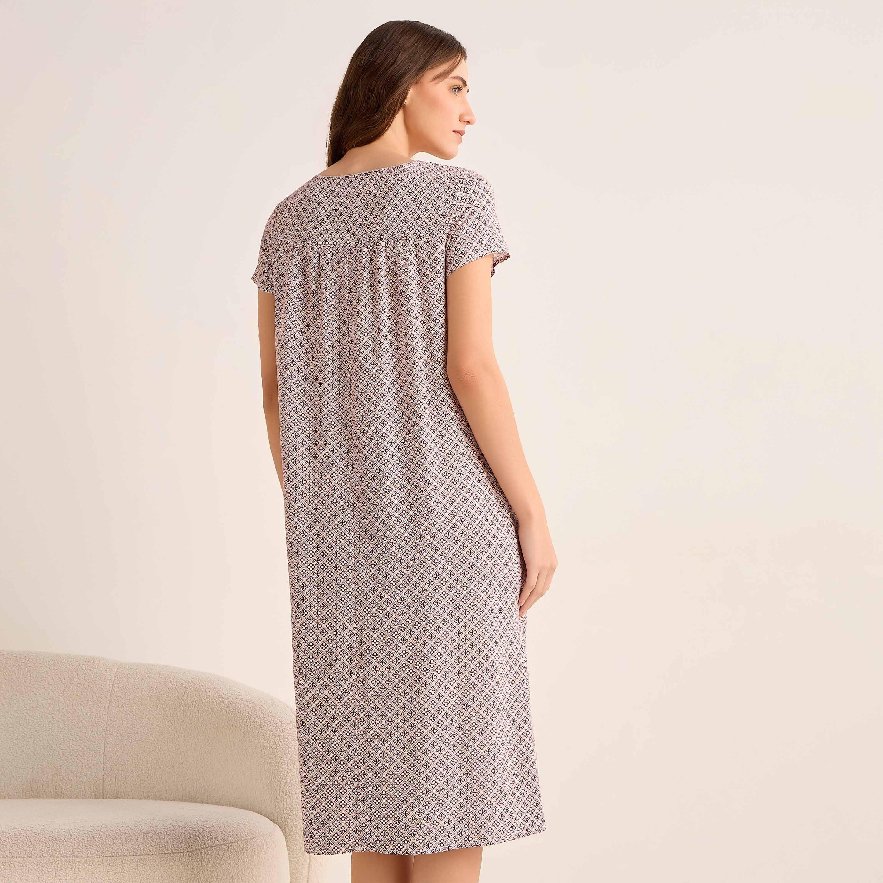 فستان نوم ميدي فيسكوز بأكمام قصيرة وبطبعات زهور-women-clothing-nightwear-nighties-image-4