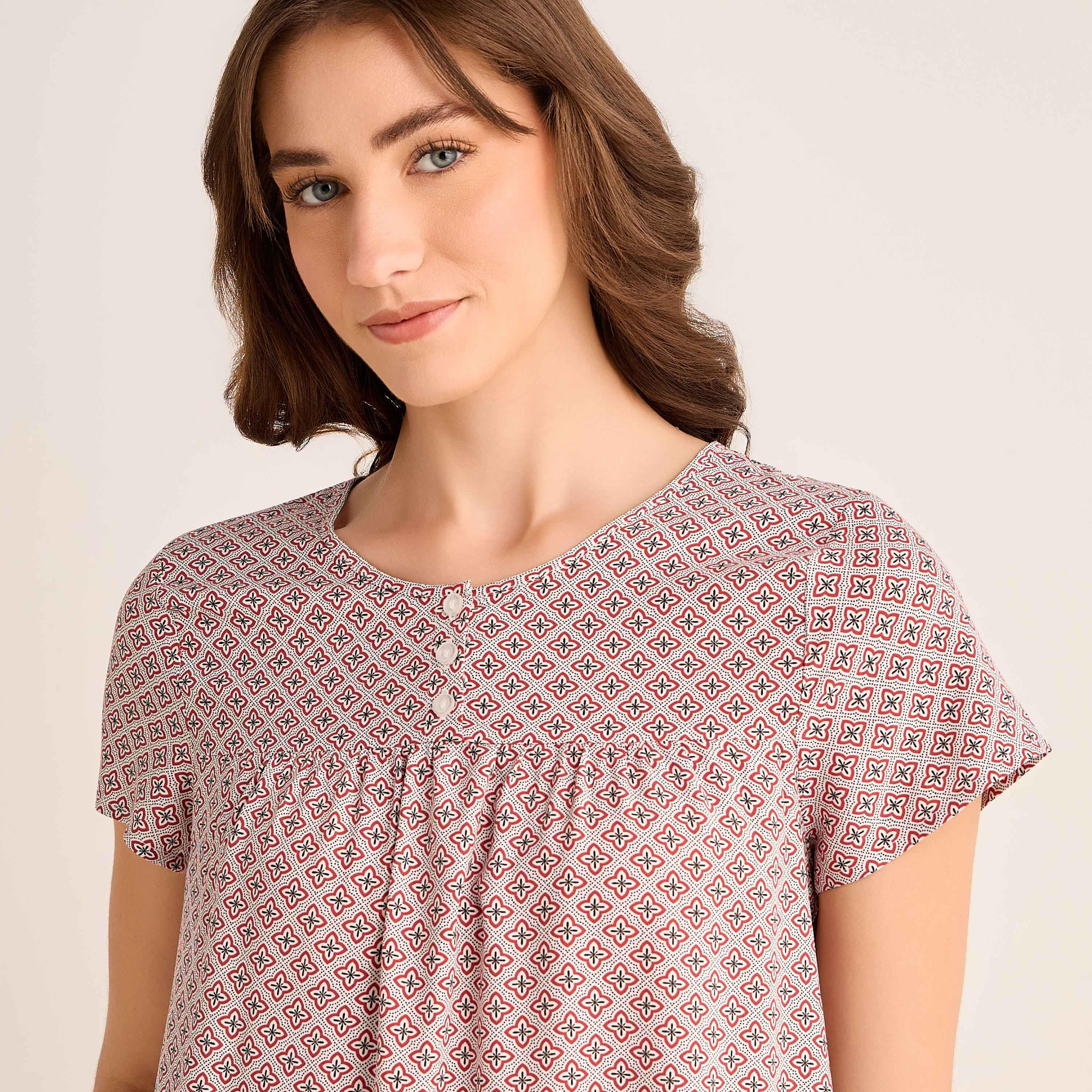 فستان نوم ميدي فيسكوز بأكمام قصيرة وبطبعات زهور-women-clothing-nightwear-nighties-image-5