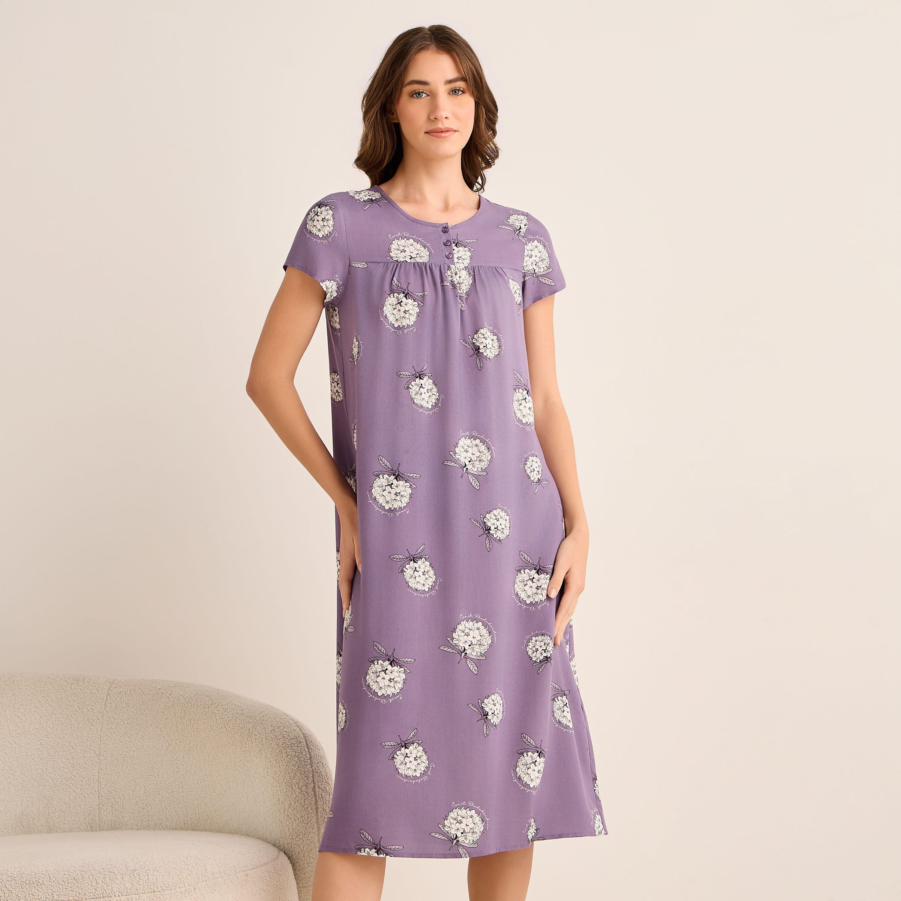 Midi Night Dress Short Sleeves with Floral Print Viscose-women-clothing-nightwear-nighties-image-1