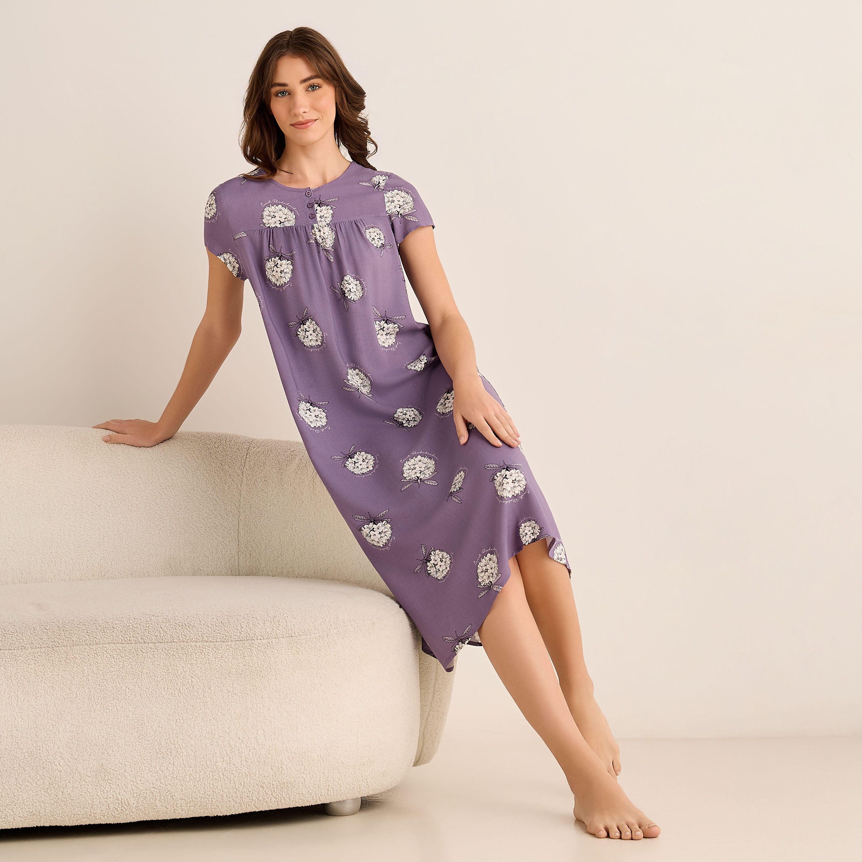 Midi Night Dress Short Sleeves with Floral Print Viscose-women-clothing-nightwear-nighties-image-2