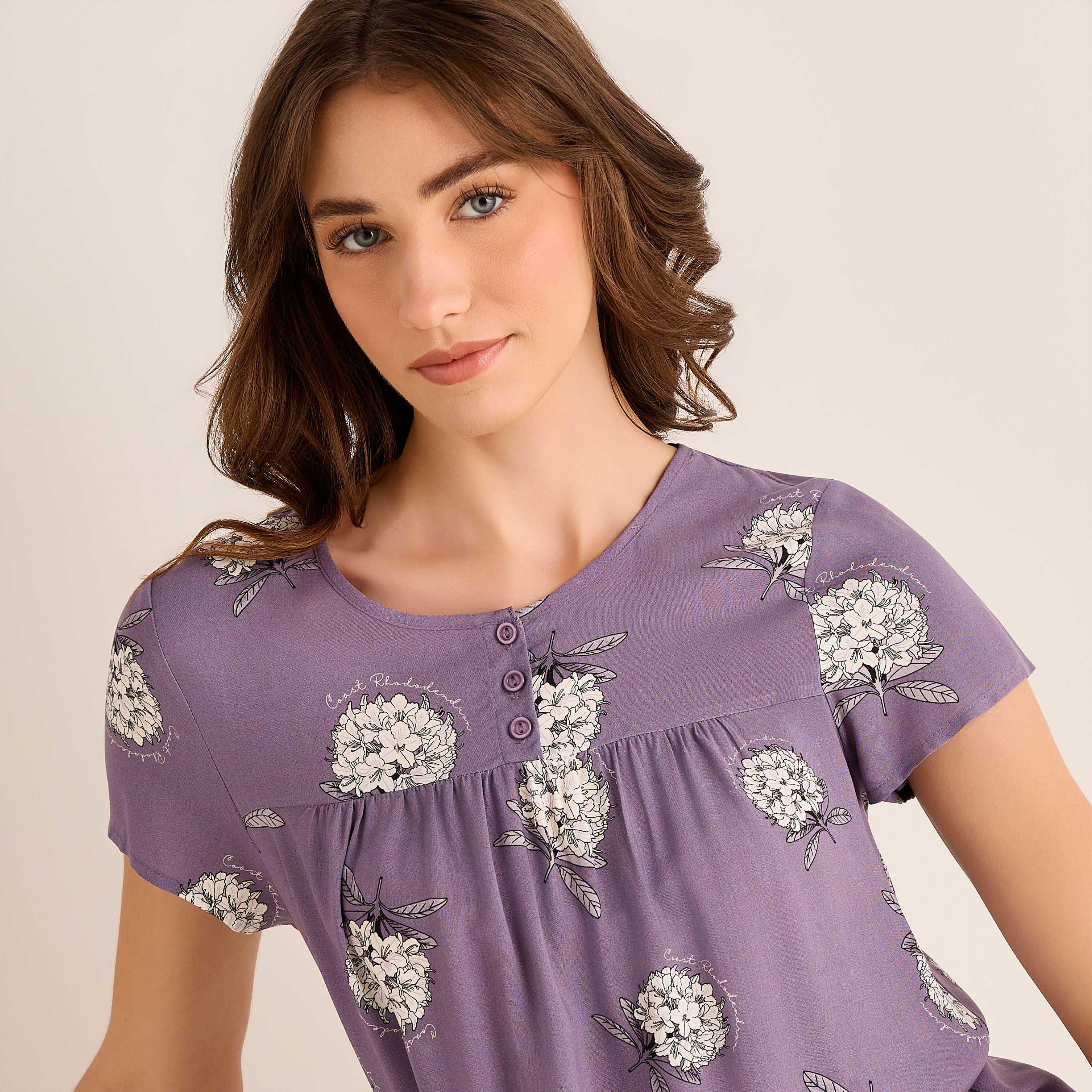 Midi Night Dress Short Sleeves with Floral Print Viscose-women-clothing-nightwear-nighties-image-5