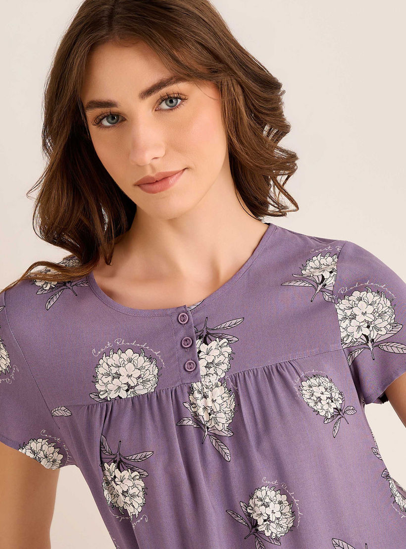 Midi Night Dress Short Sleeves with Floral Print Viscose-women-clothing-nightwear-nighties-image-5