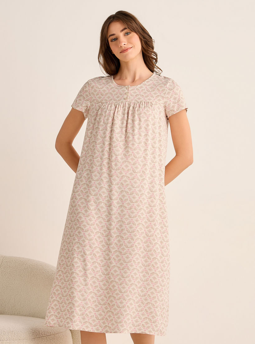 فستان نوم ميدي فيسكوز بأكمام قصيرة وطبعات زهرية-women-clothing-nightwear-nighties-image-1