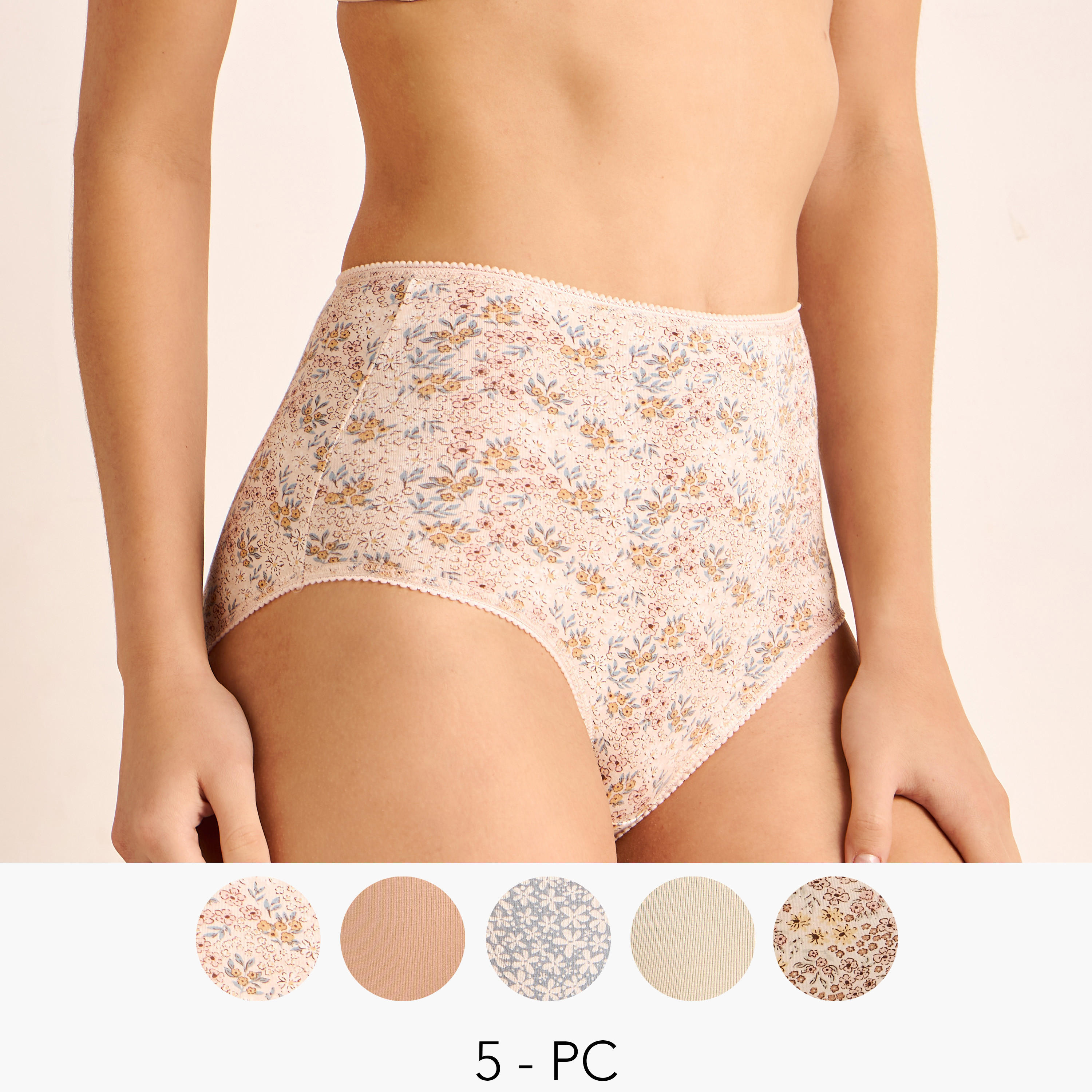 طقم من 5 - سراويل كاملة بخصر عالي وتصاميم متنوعة-women-clothing-lingerie-panties-image-1