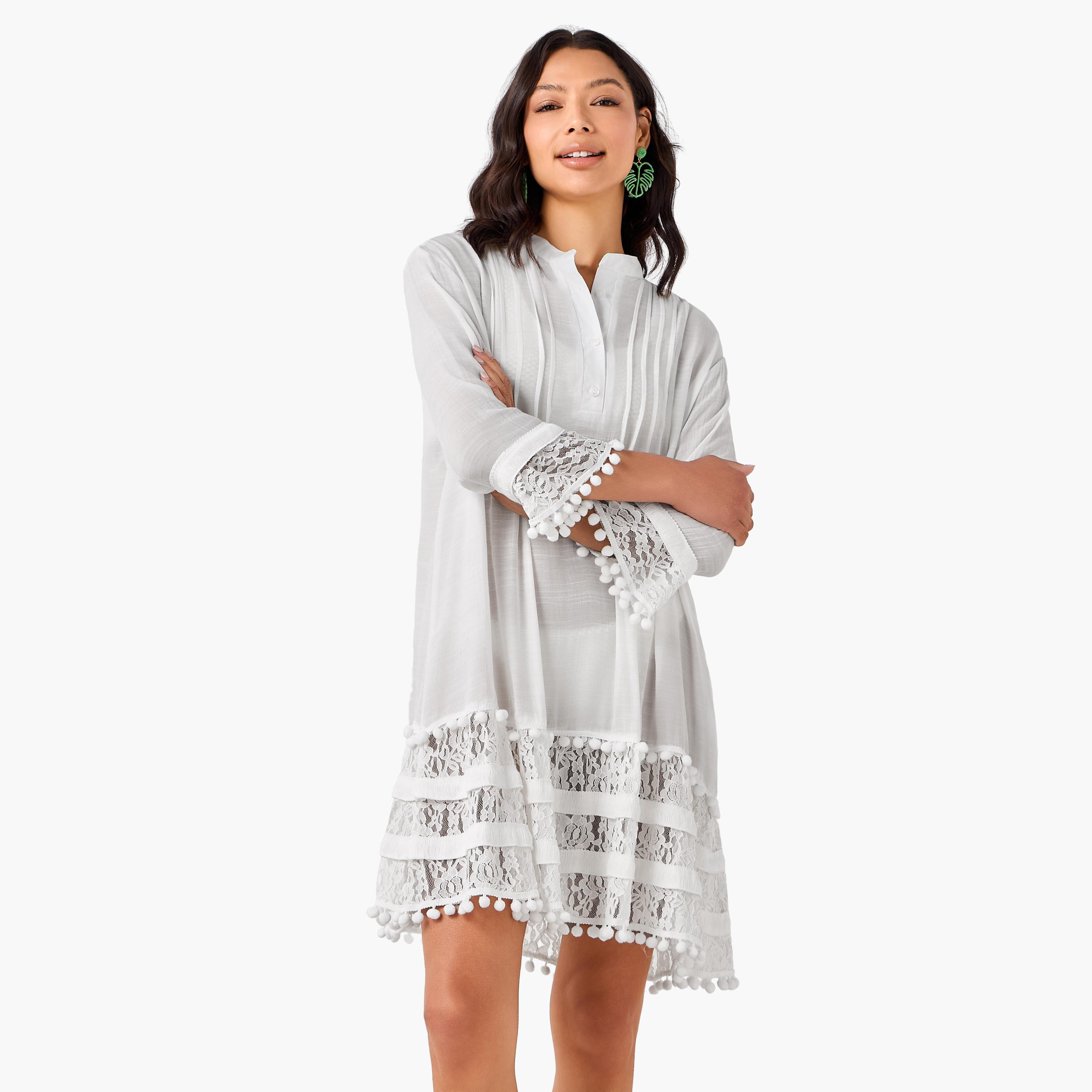 Women Lace Pom Pom Trim Cover-Up Top-women-clothing-swimandbeach-coverups-image-3
