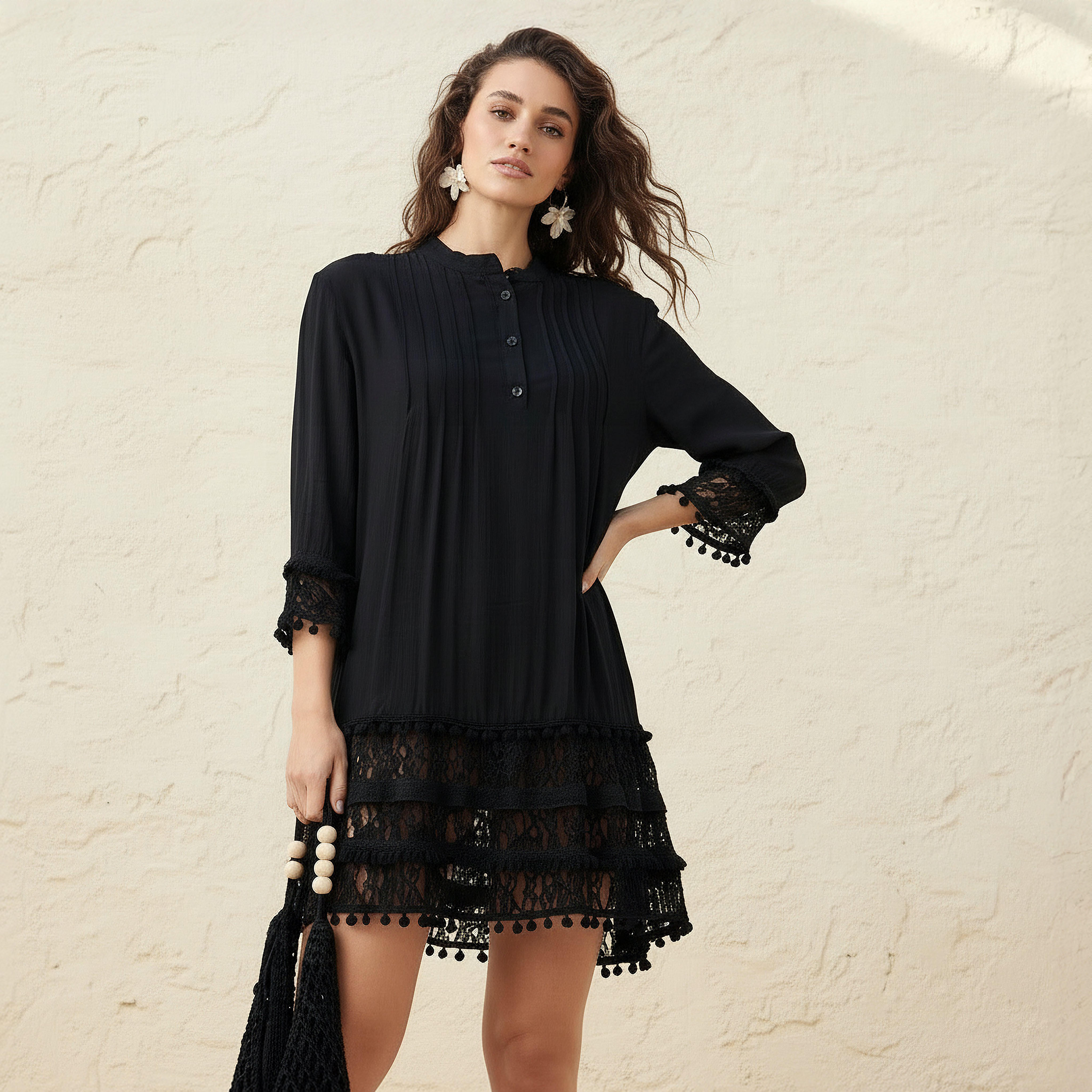 Women Lace and Pom-Pom Detail Cover-Up-women-clothing-swimandbeach-coverups-image-1