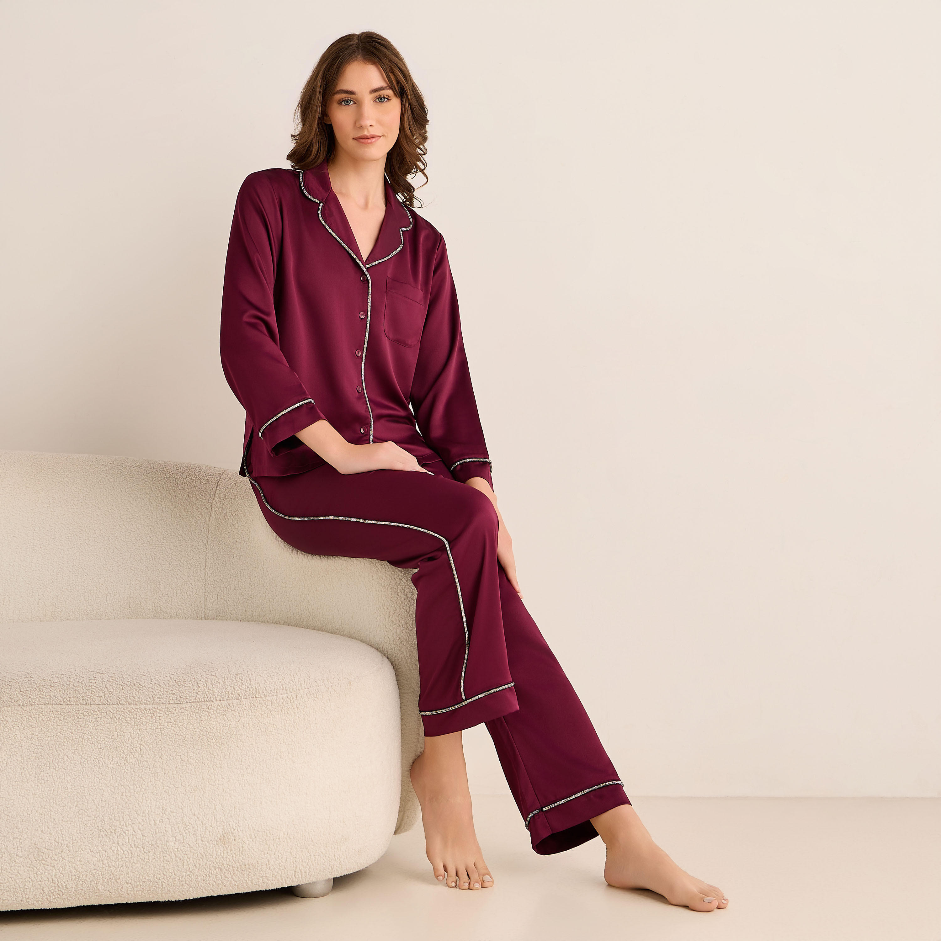 Pyjama Set Button-Down Shirt & Pants Satin-women-clothing-nightwear-pyjamas-longsets-image-1