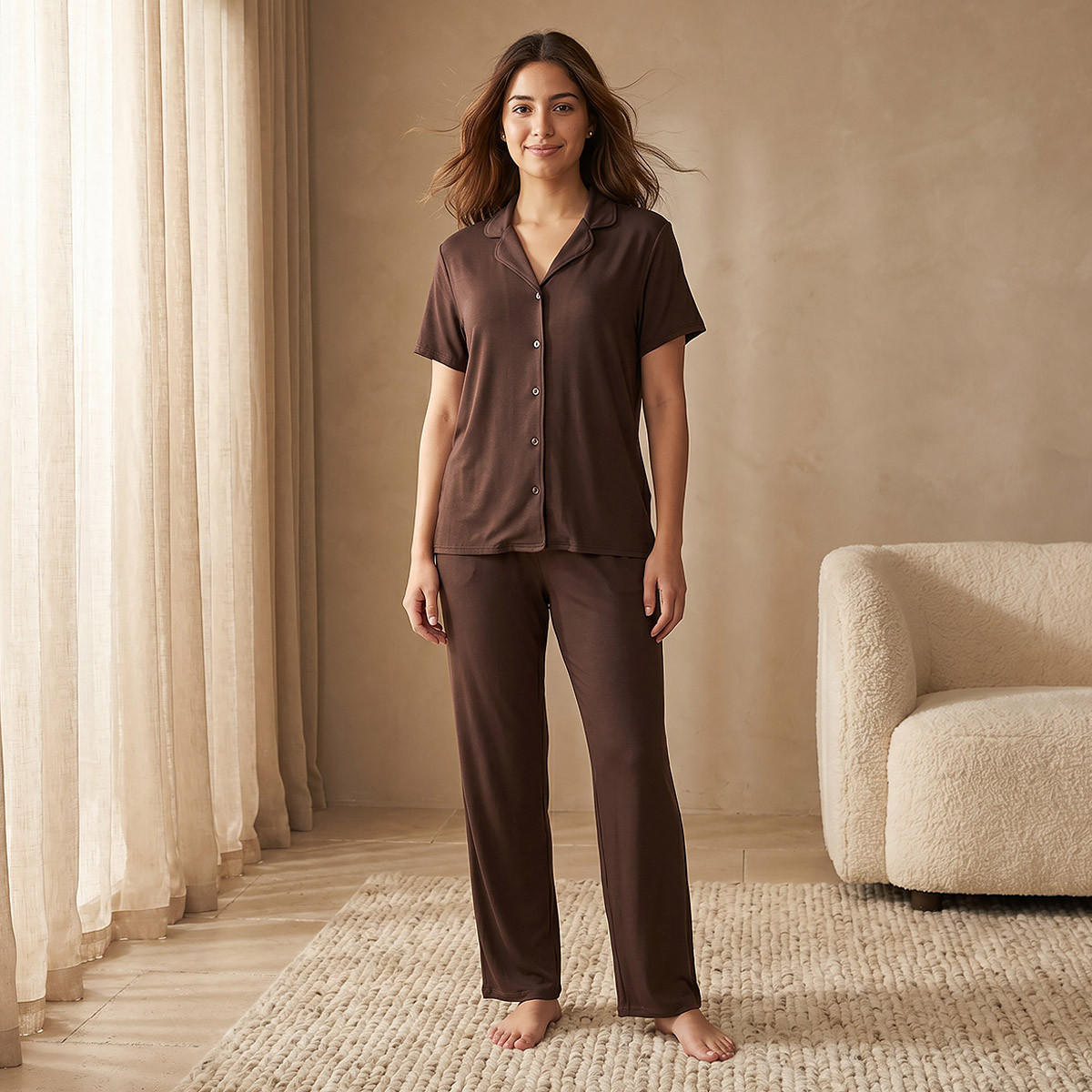 Pyjama Set Button-Down Shirt & Trousers-women-clothing-nightwear-pyjamas-longsets-image-1