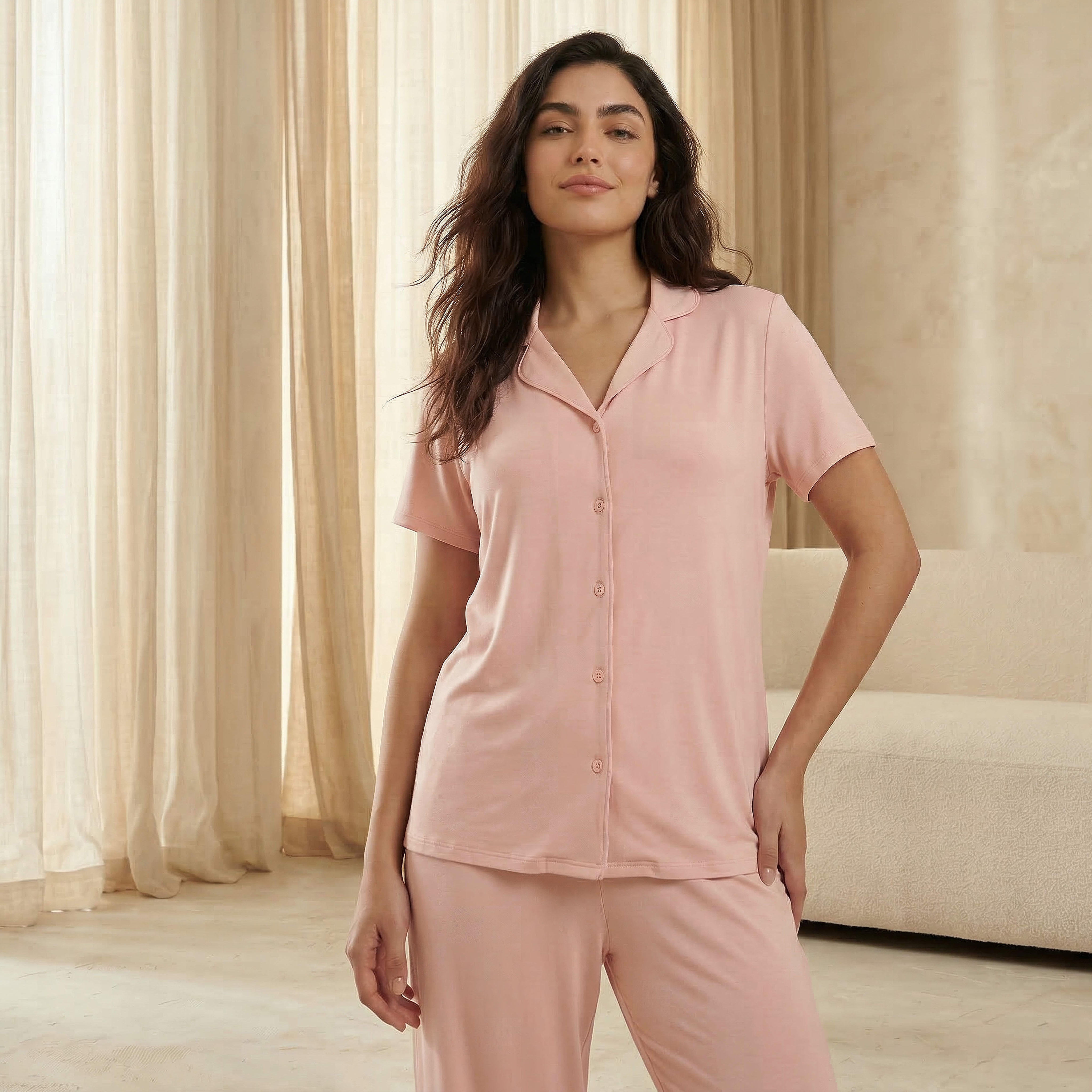 طقم قميص بأزرار وبنطلون بيجاما-women-clothing-nightwear-pyjamas-longsets-image-2