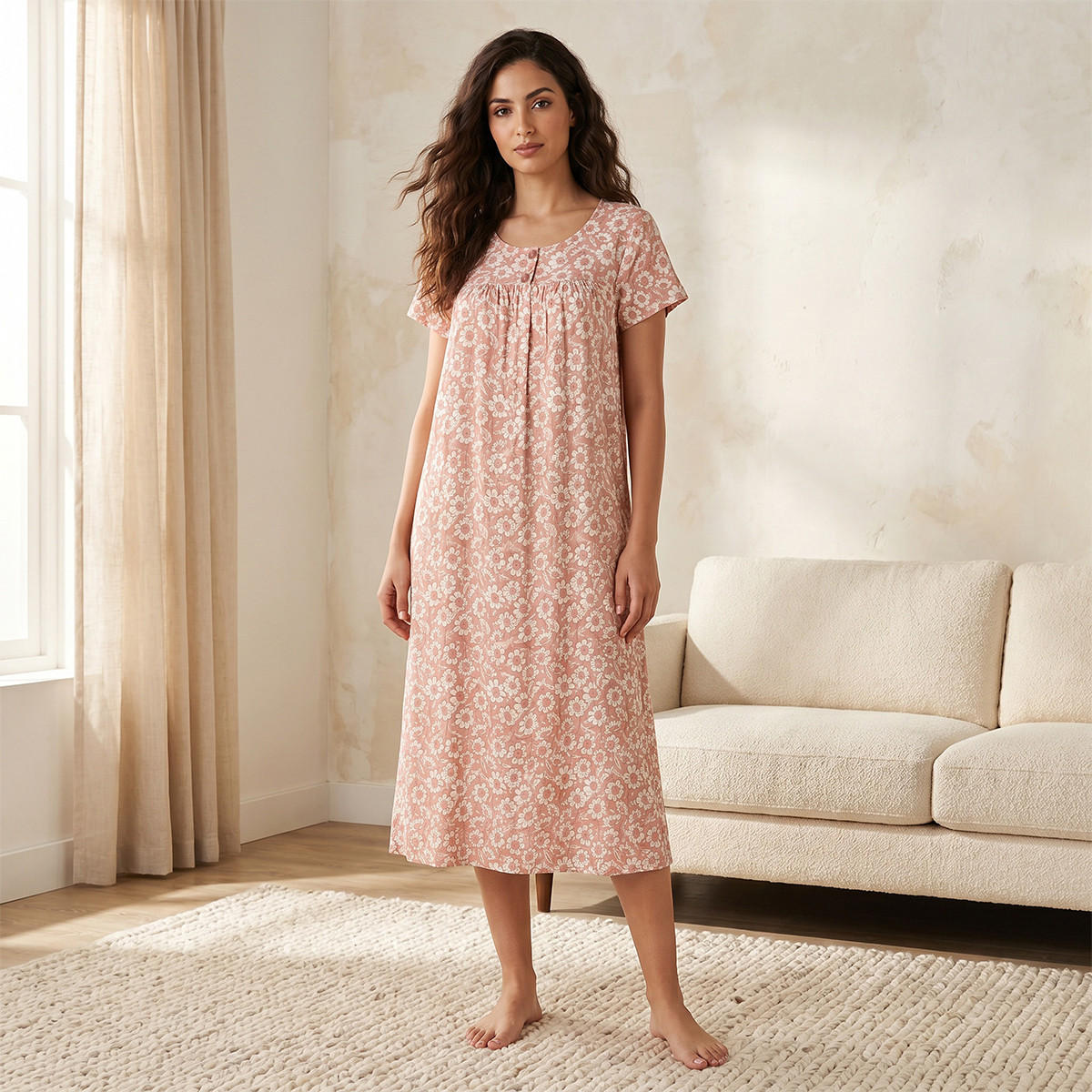 قميص نوم فيسكوز بنقوش زهور وأكمام قصيرة-women-clothing-nightwear-nighties-image-1