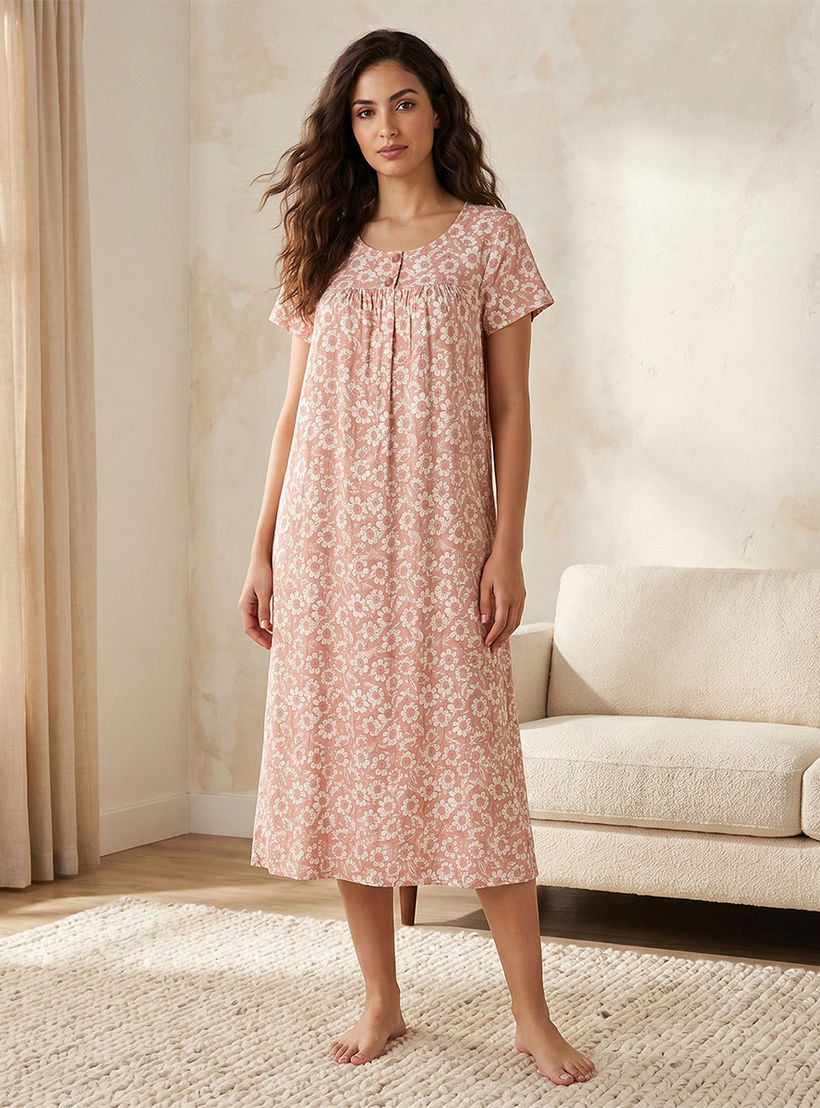 قميص نوم فيسكوز بنقوش زهور وأكمام قصيرة-women-clothing-nightwear-nighties-image-1