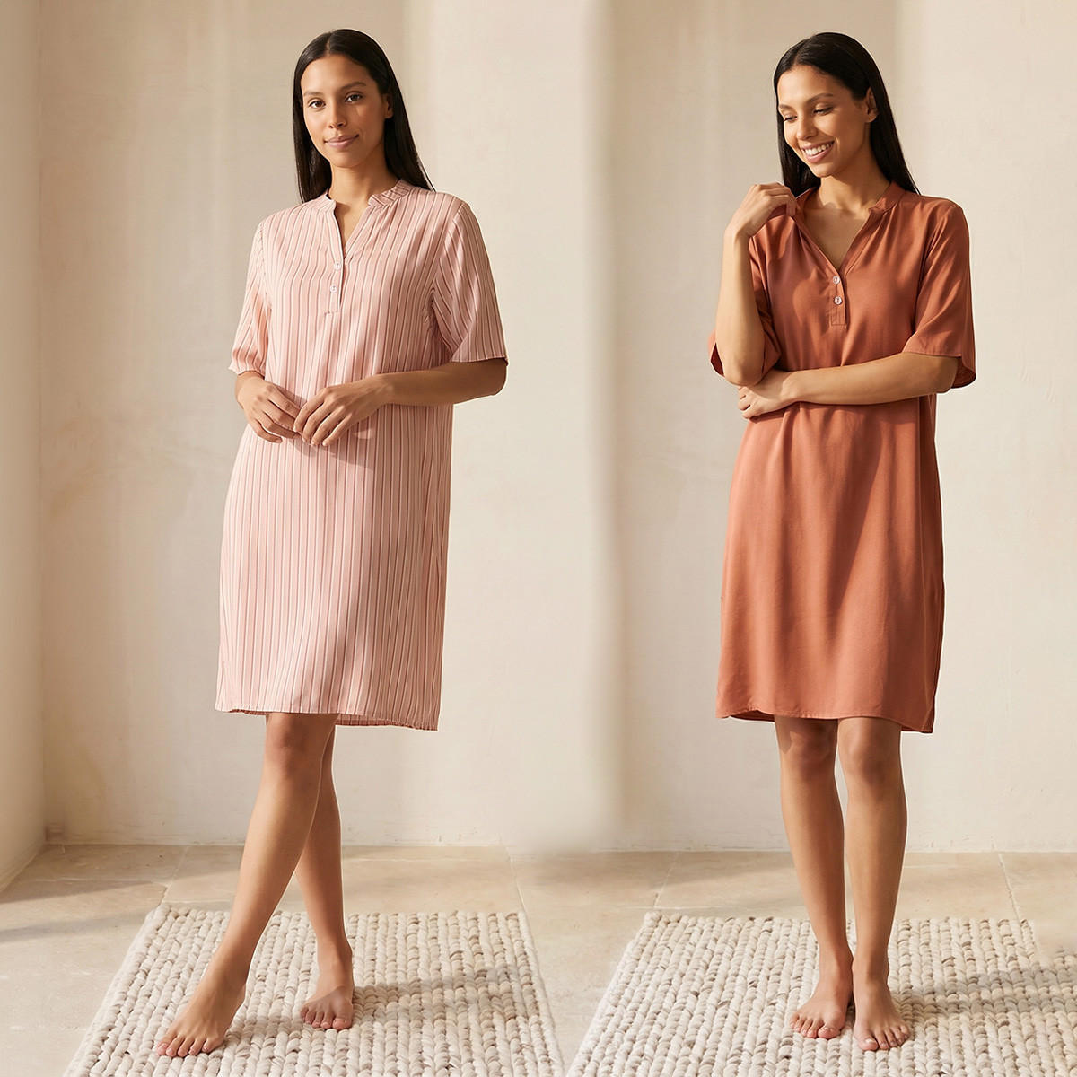 Set of 2 - Splash Intimates Knee Length Night Dress Short Sleeves Mandarin Collar Viscose-women-clothing-nightwear-nighties-image-1