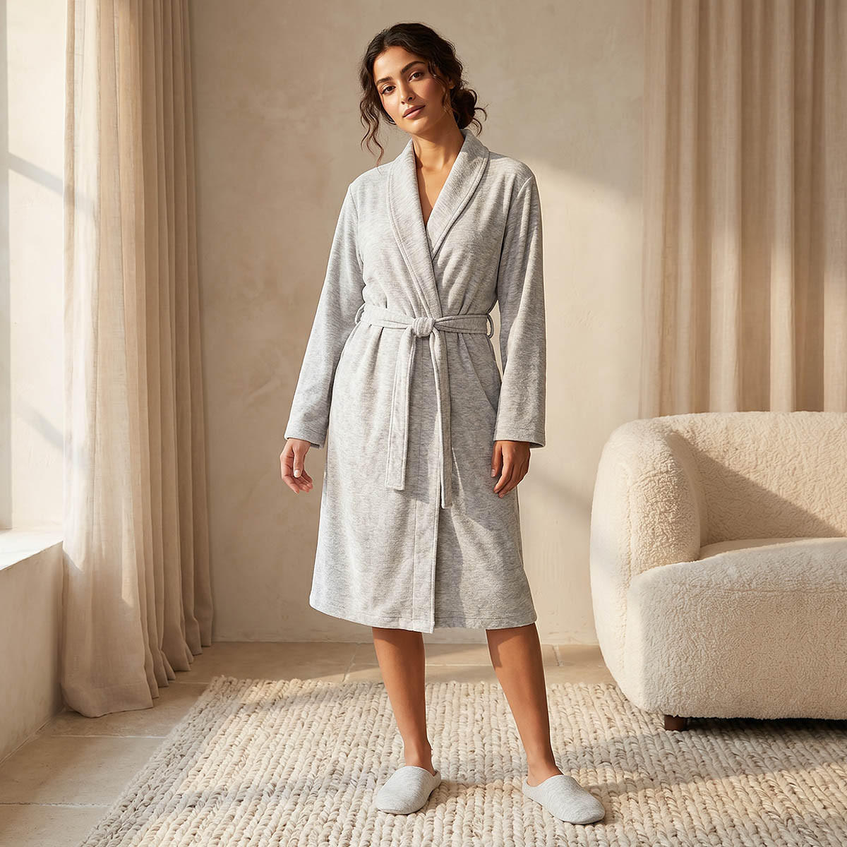 Robe Knee-Length with Belt and Slippers-women-clothing-nightwear-robes-image-1