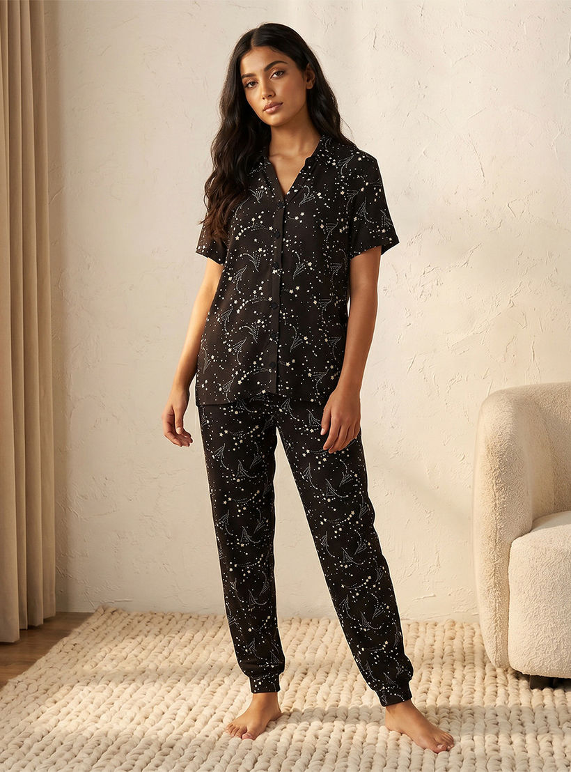 Pyjama Set Printed Button-Down Shirt & Trousers-women-clothing-nightwear-pyjamas-longsets-image-1
