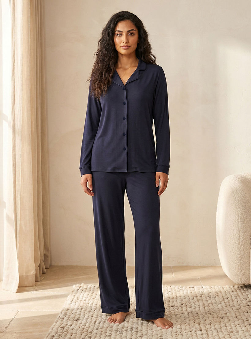 Pyjama Set Button-Down Shirt & Trousers-women-clothing-nightwear-pyjamas-longsets-image-1