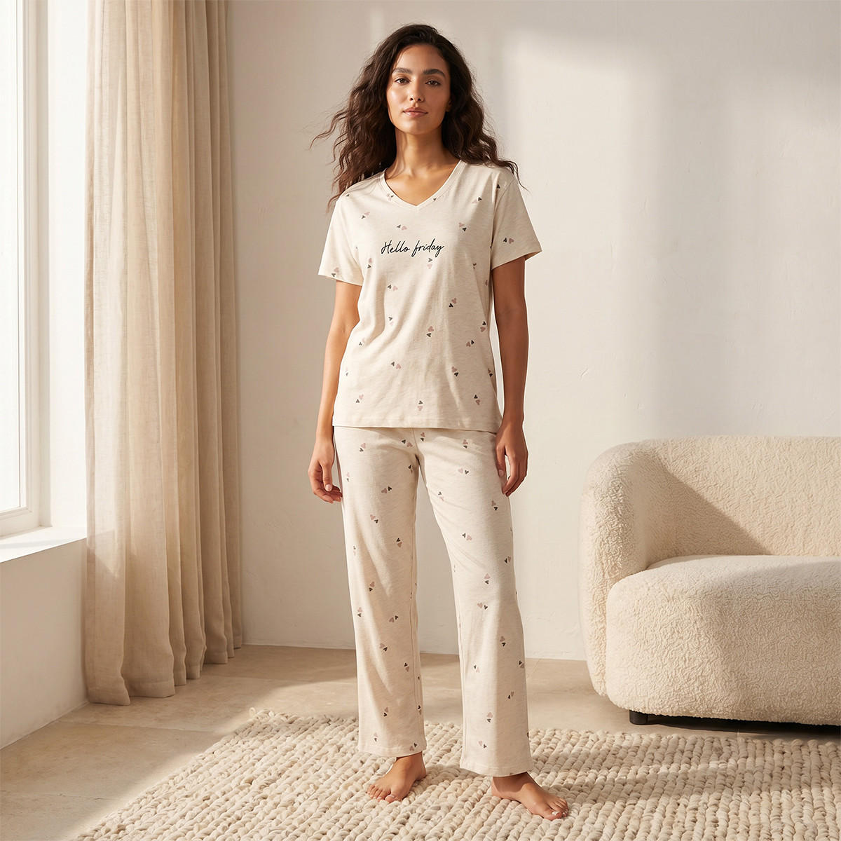 Pyjama Set Heart Print T-shirt & Trousers Cotton-women-clothing-nightwear-pyjamas-longsets-image-1