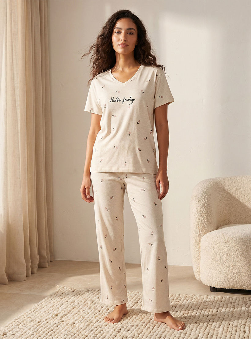 Pyjama Set Heart Print T-shirt & Trousers Cotton-women-clothing-nightwear-pyjamas-longsets-image-1