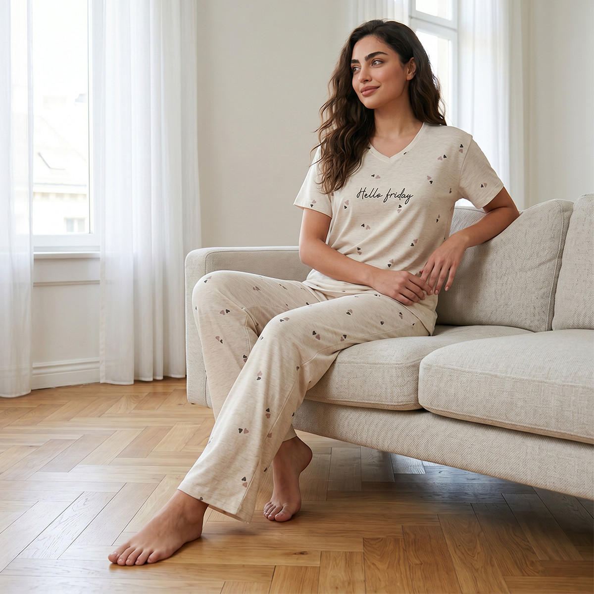 Pyjama Set Heart Print T-shirt & Trousers Cotton-women-clothing-nightwear-pyjamas-longsets-image-7