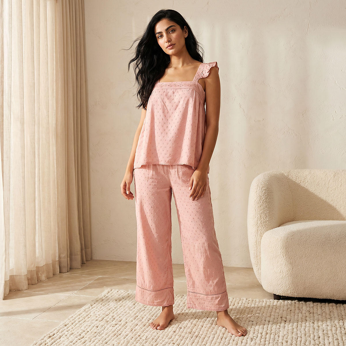 طقم بلوزة وبنطلون بيجاما فيسكوز مطرز-women-clothing-nightwear-pyjamas-longsets-image-1