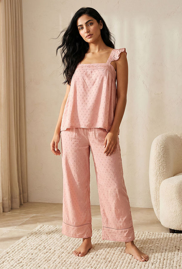 طقم بلوزة وبنطلون بيجاما فيسكوز مطرز-women-clothing-nightwear-pyjamas-longsets-image-1