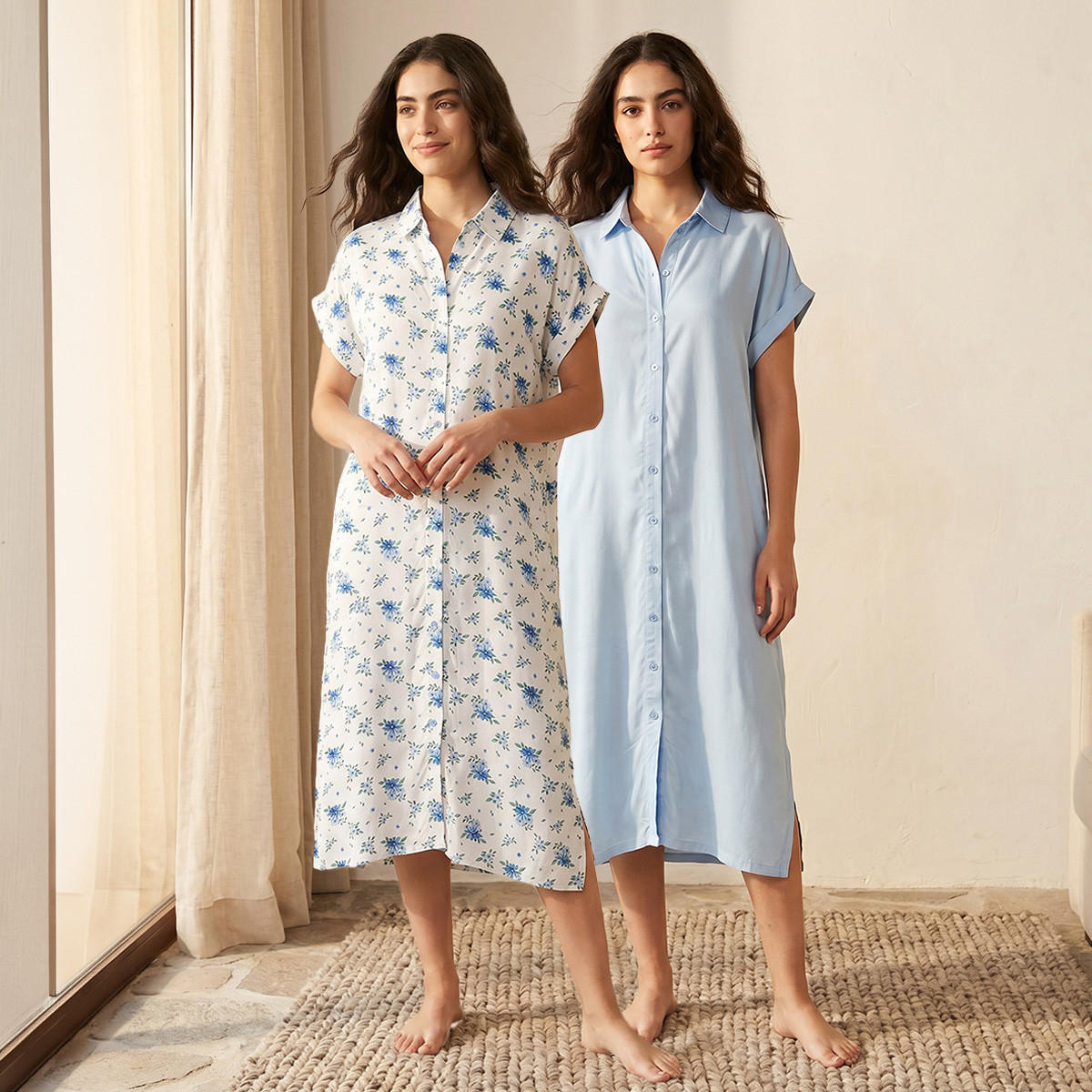 Set of 2 - Sleepshirt Short Sleeve Roll-Up Cuff Viscose-women-clothing-nightwear-nighties-image-1