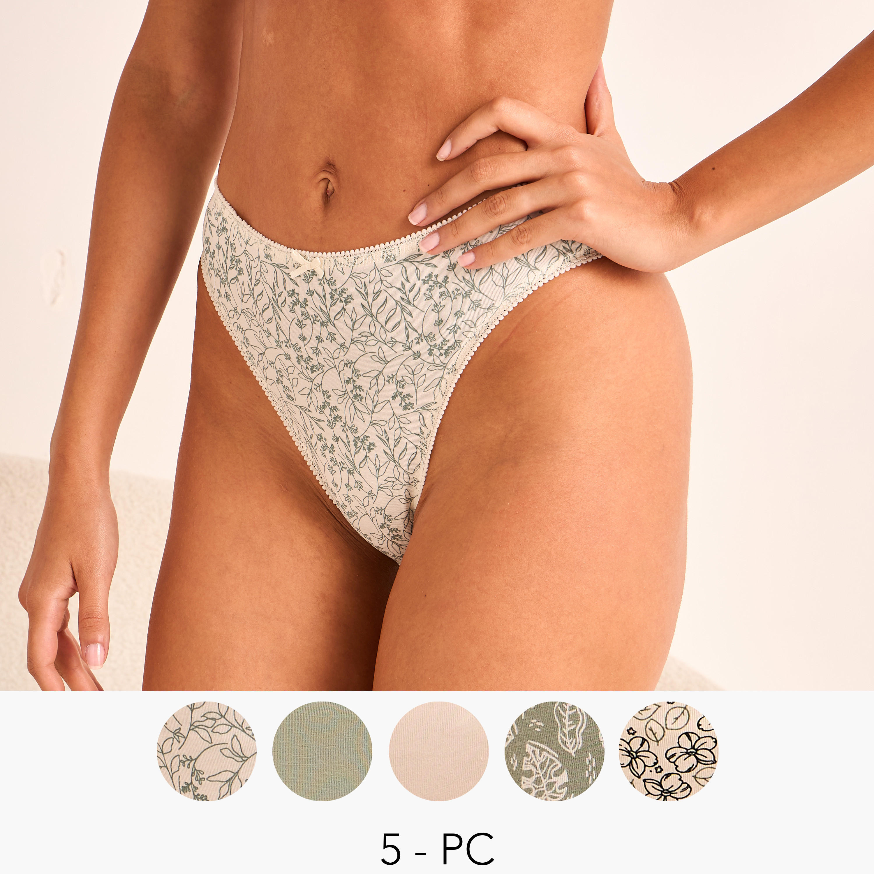 Set of 5 - Bikini Briefs High Waist Bow Detail-women-clothing-lingerie-panties-image-1