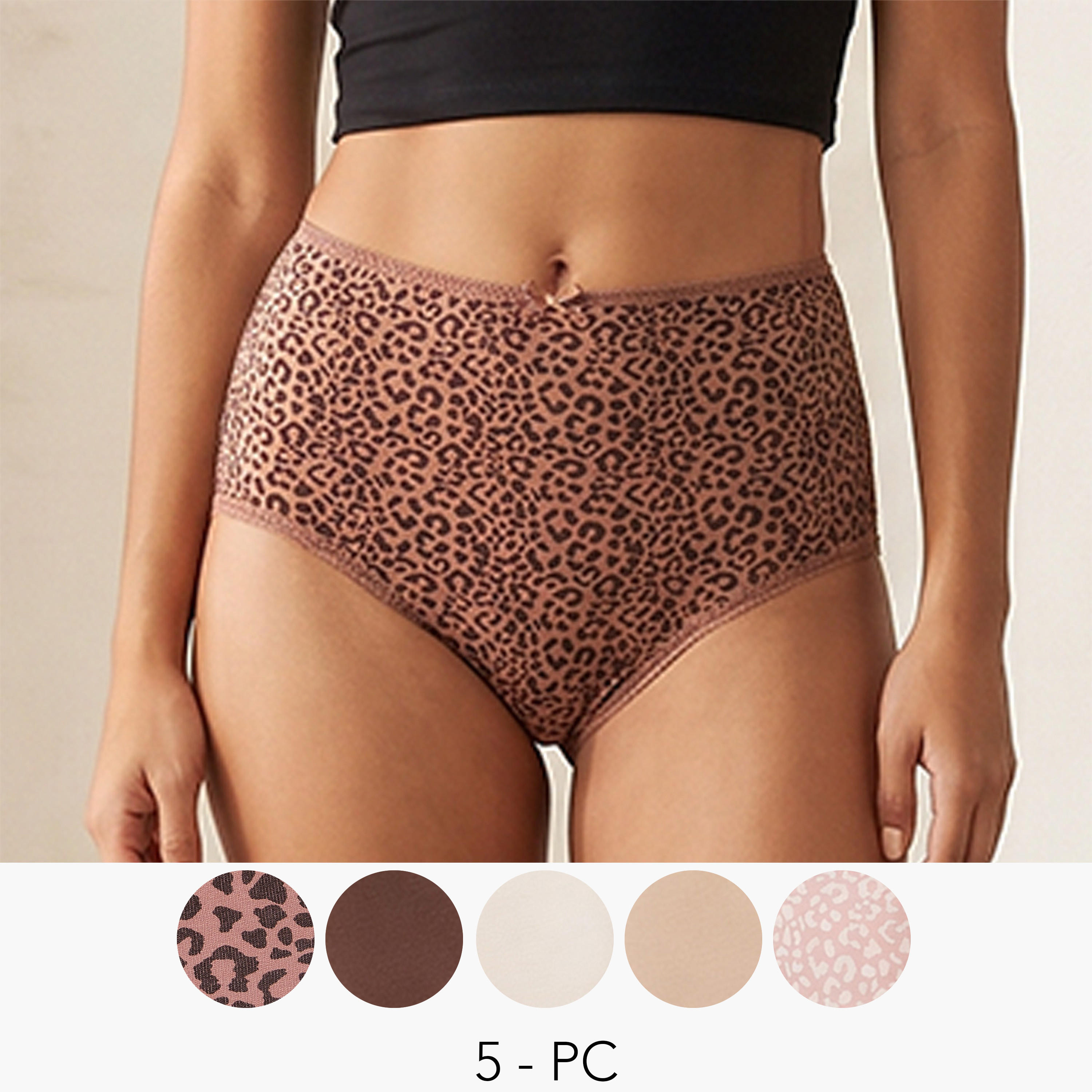 طقم سراويل داخلية كاملة بخصر مرتفع وزينة فيونكة من سبلاش إنتيميتس - 5 قطع-women-clothing-plussize-lingerie-panties-image-1