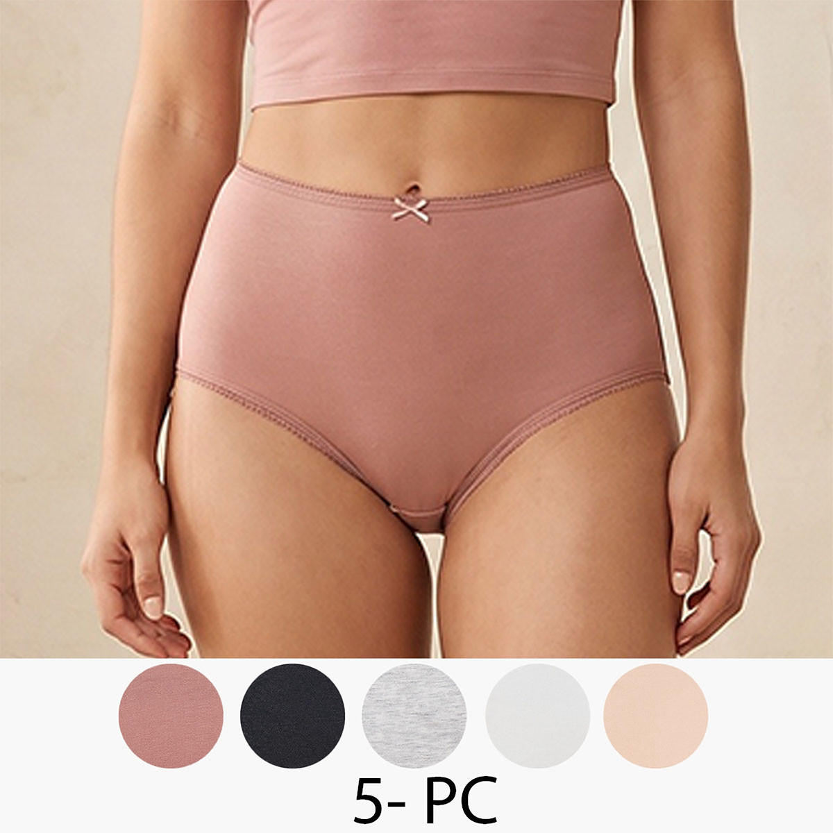طقم من 5 - سراويل داخلية خصر عالي وتفاصيل فيونكة من سبلاش انتيميتس-women-clothing-plussize-lingerie-panties-image-1