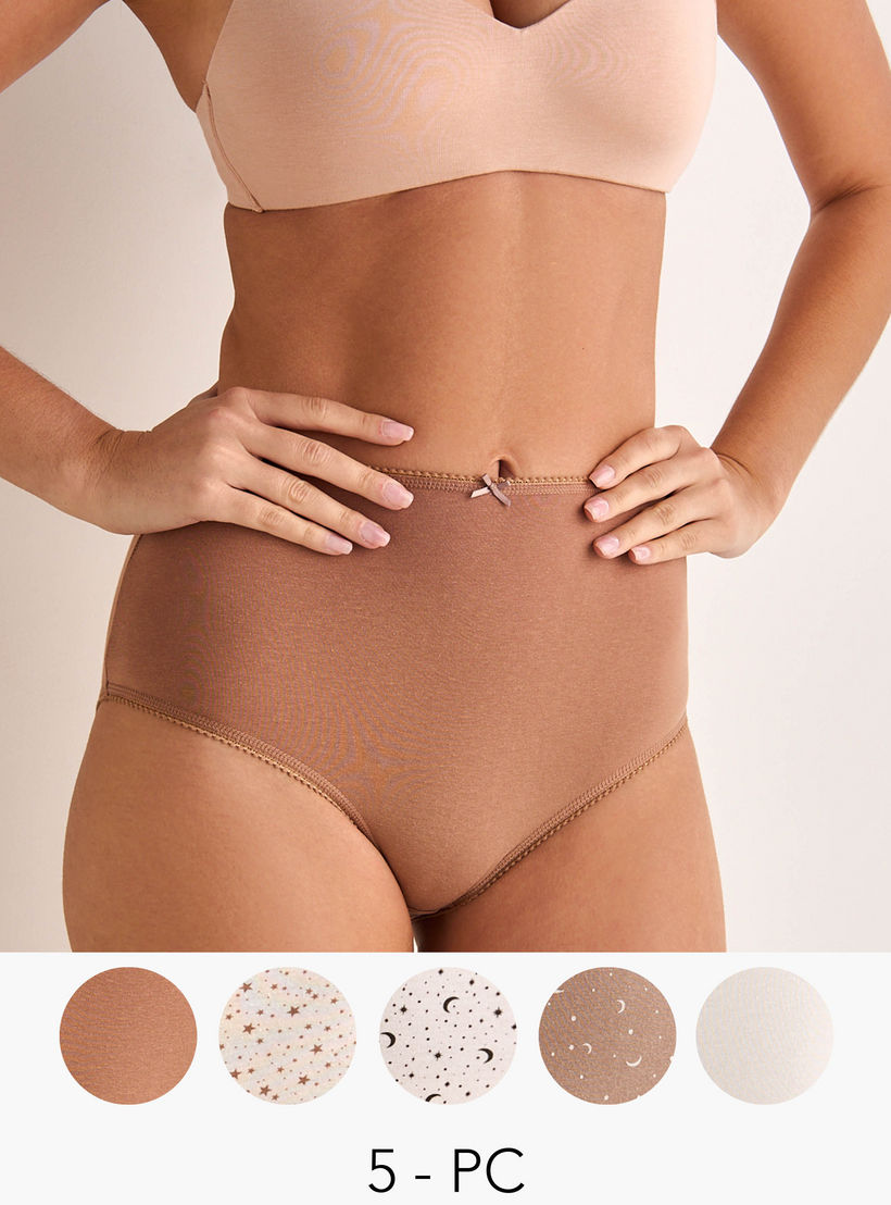 طقم سراويل كبقصة كاملة وخصر مرتفع وطبعات متنوعة من سبلاش إنتمتس - طقم 5 قطع-women-clothing-plussize-lingerie-panties-image-1