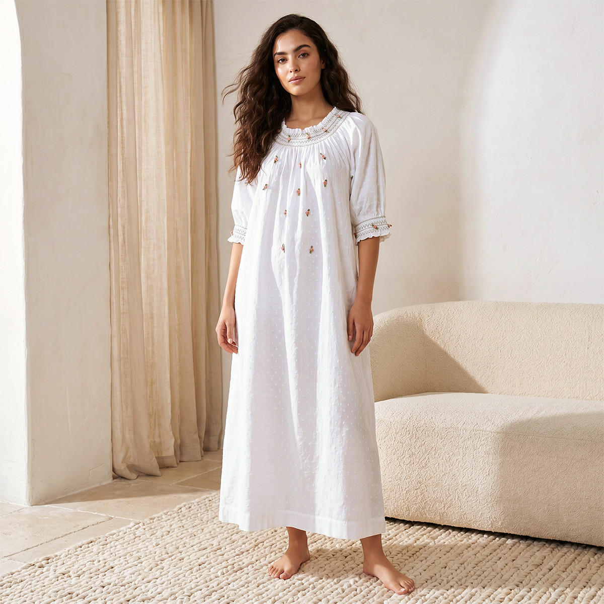Maxi Length Night Dress 3/4 Sleeves Dobby Embroidered Cotton-women-clothing-nightwear-nighties-image-1