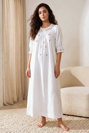Maxi Length Night Dress 3/4 Sleeves Dobby Embroidered Cotton-women-image-1