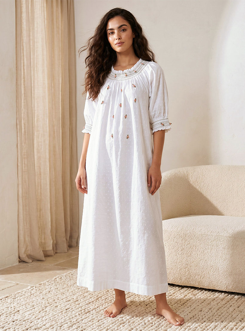 Maxi Length Night Dress 3/4 Sleeves Dobby Embroidered Cotton-women-clothing-nightwear-nighties-image-1