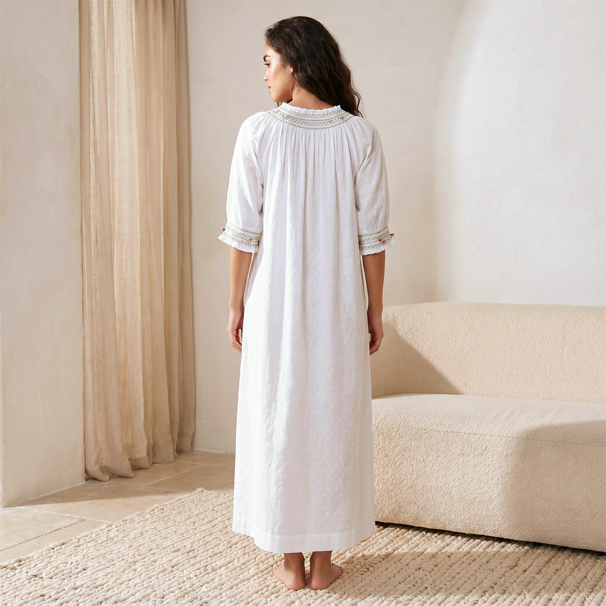 فستان نوم دوبي قطن ماكسي مطرز بأكمام 3/4-women-clothing-nightwear-nighties-image-3